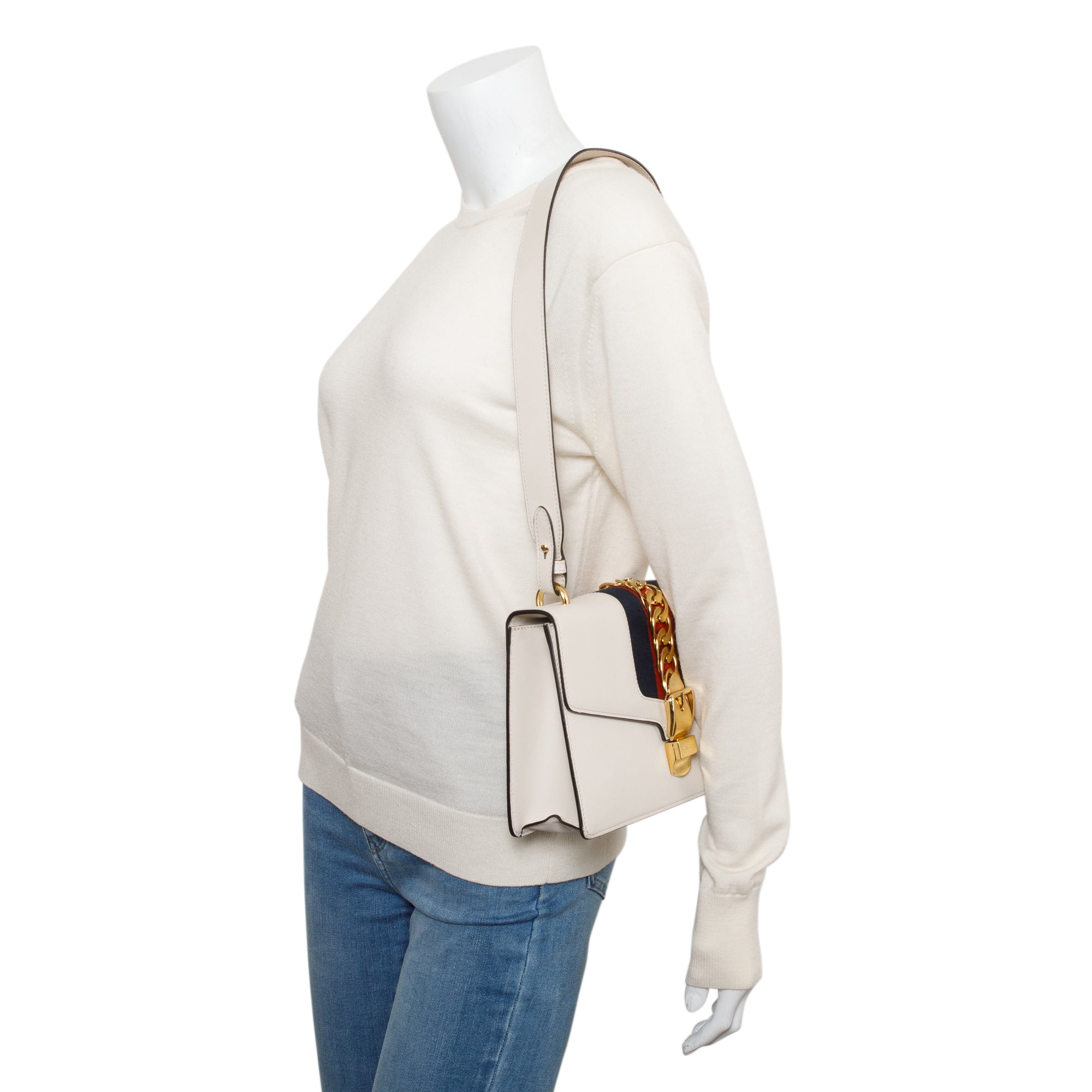 Gucci White Calfskin Leather Small Sylvie Handle Bag w/ Strap