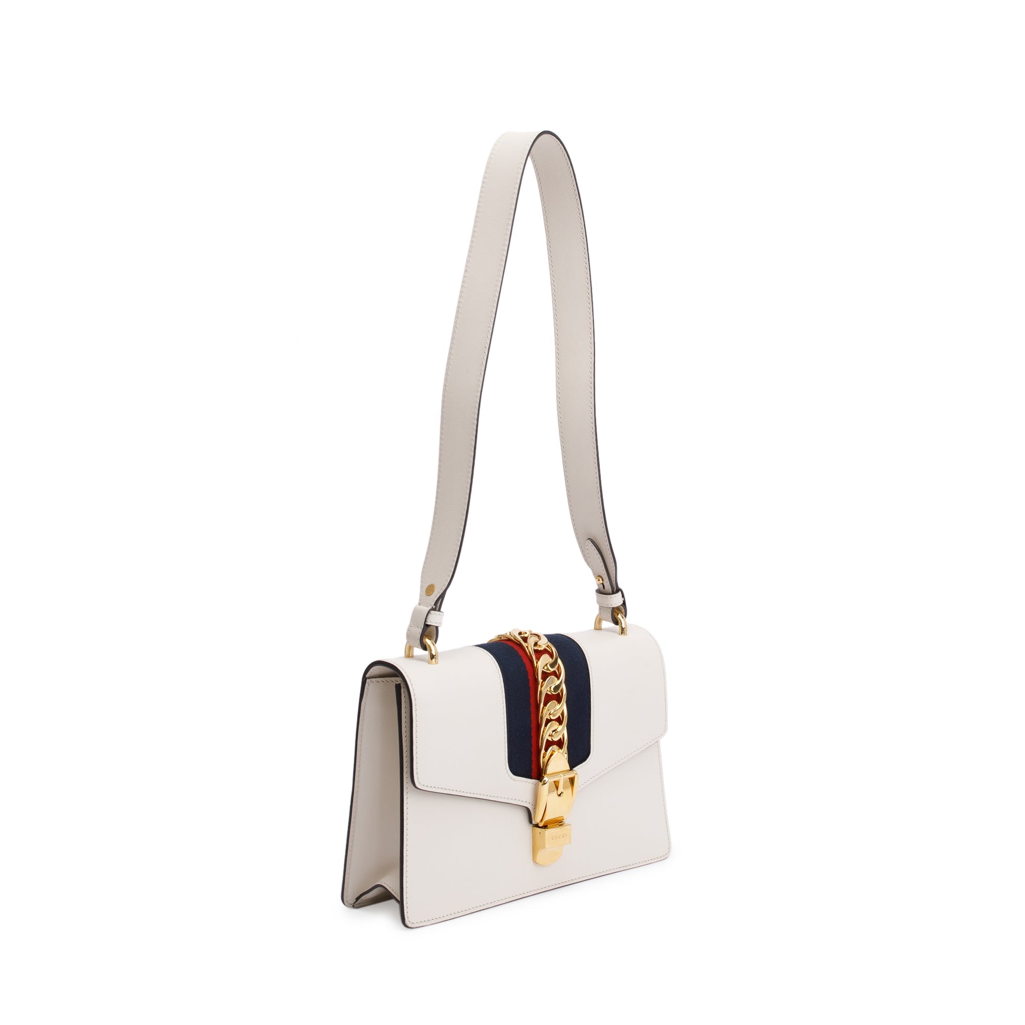 Gucci White Calfskin Leather Small Sylvie Handle Bag w/ Strap