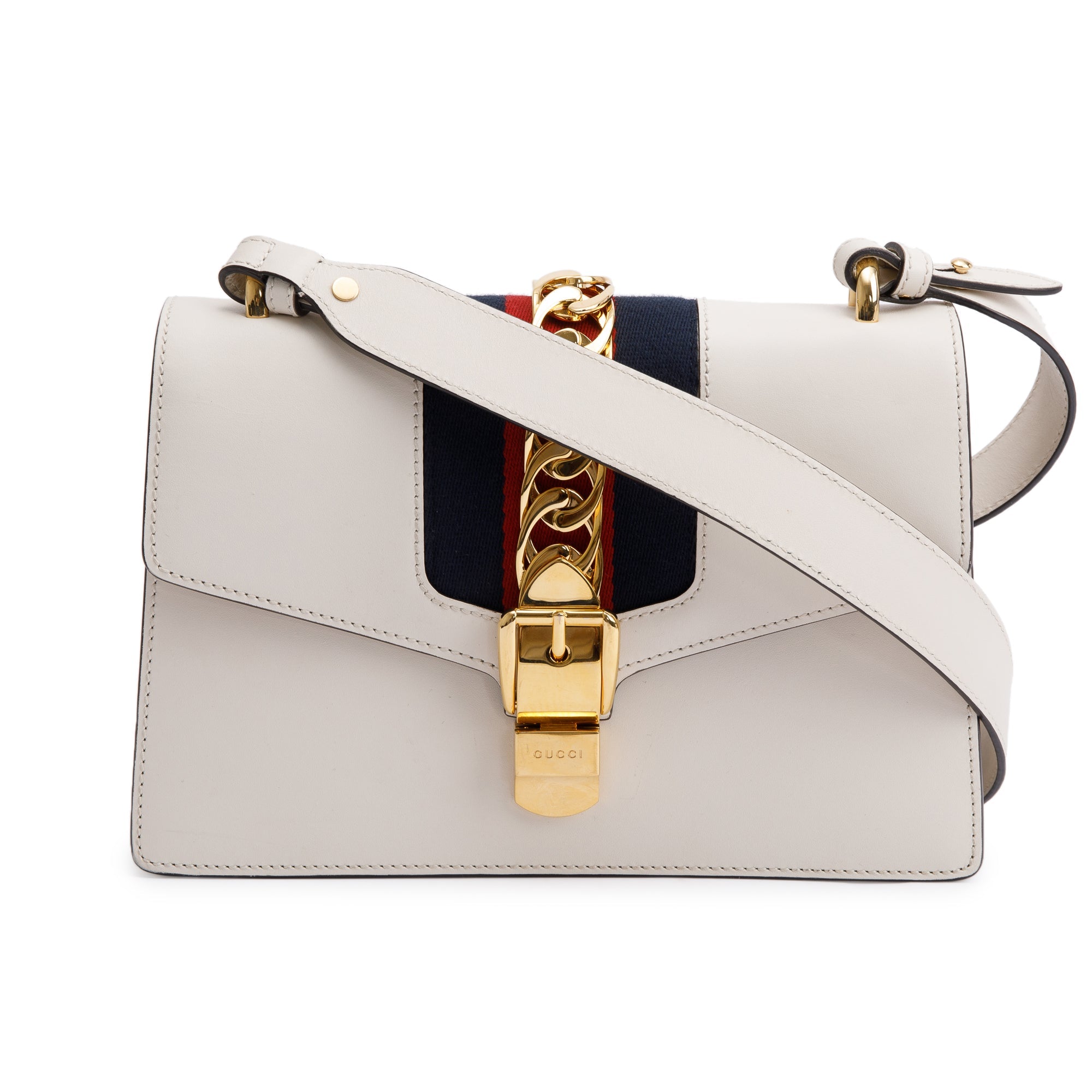 Gucci White Calfskin Leather Small Sylvie Handle Bag w/ Strap