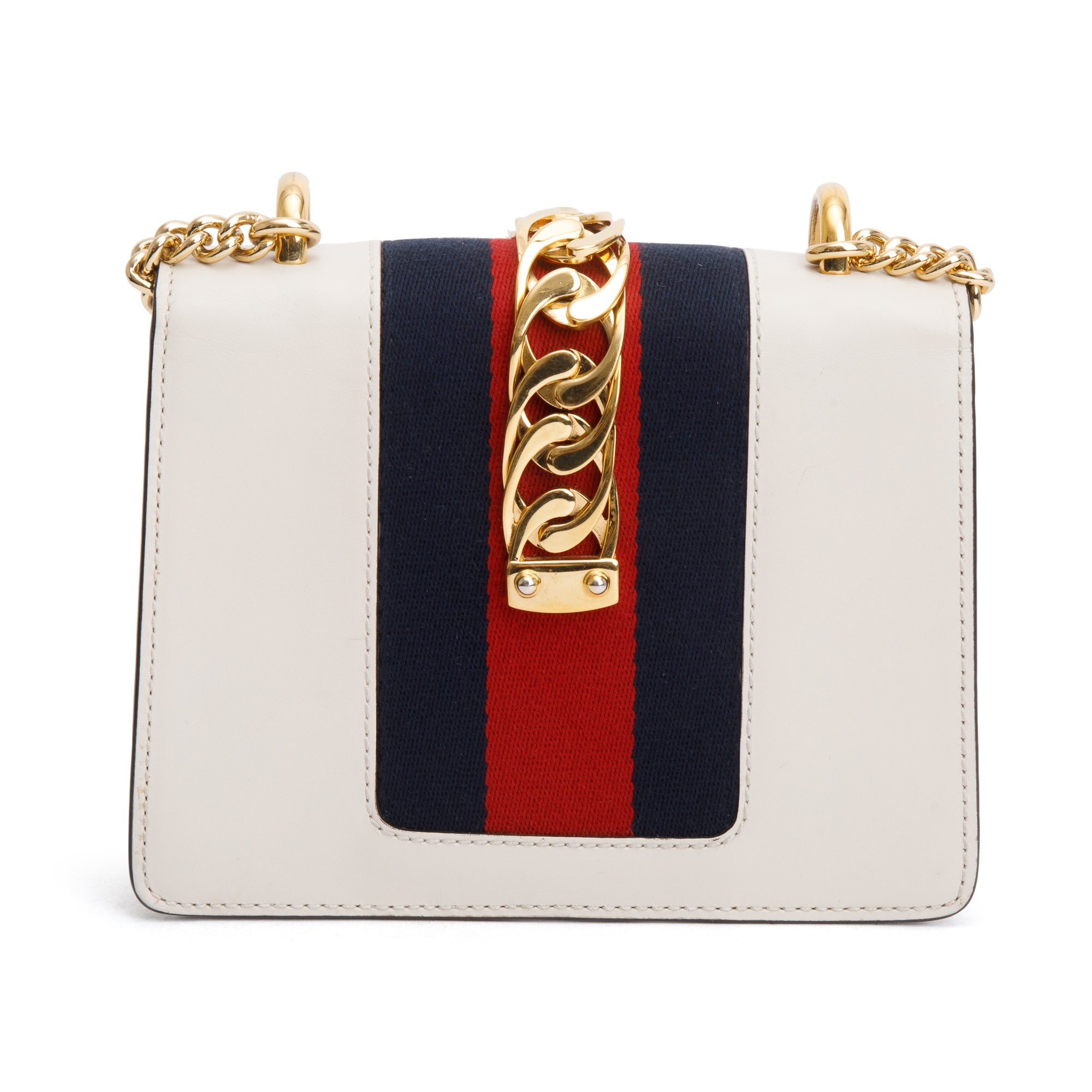 Gucci White Calfskin Leather Web Mini Sylvie Chain Shoulder Bag