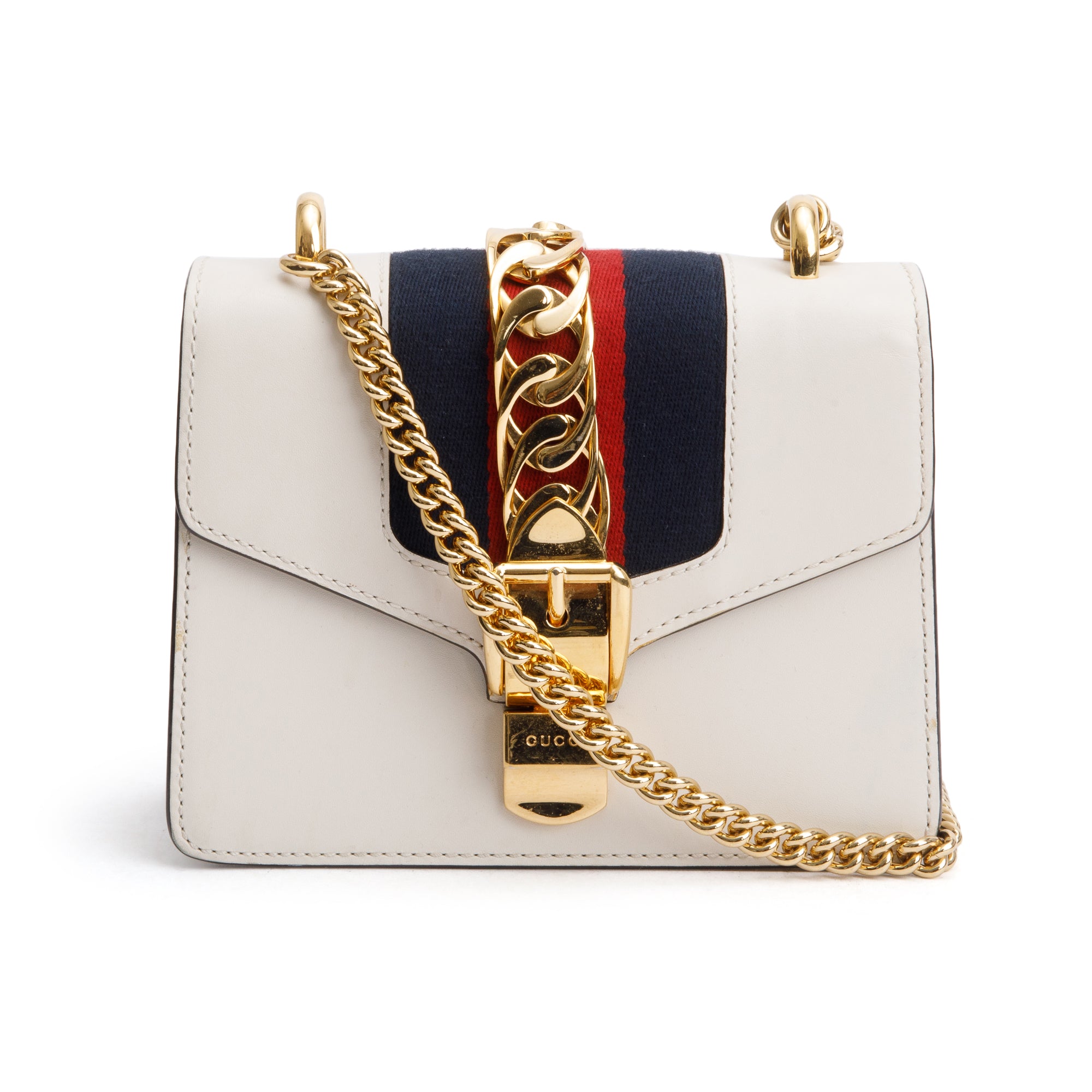 Gucci White Calfskin Leather Web Mini Sylvie Chain Shoulder Bag
