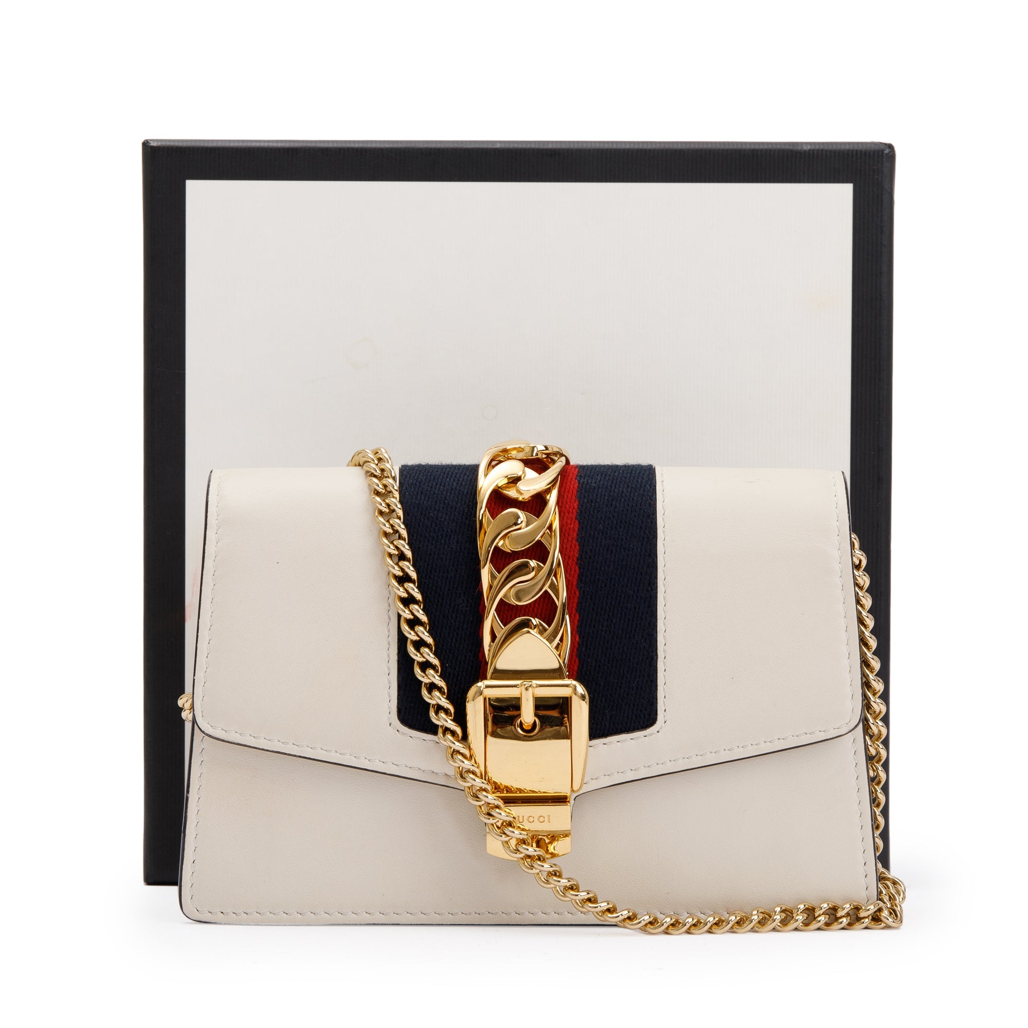 Gucci White Calfskin Leather Web Super Mini Sylvie Chain Shoulder Bag w/ Box