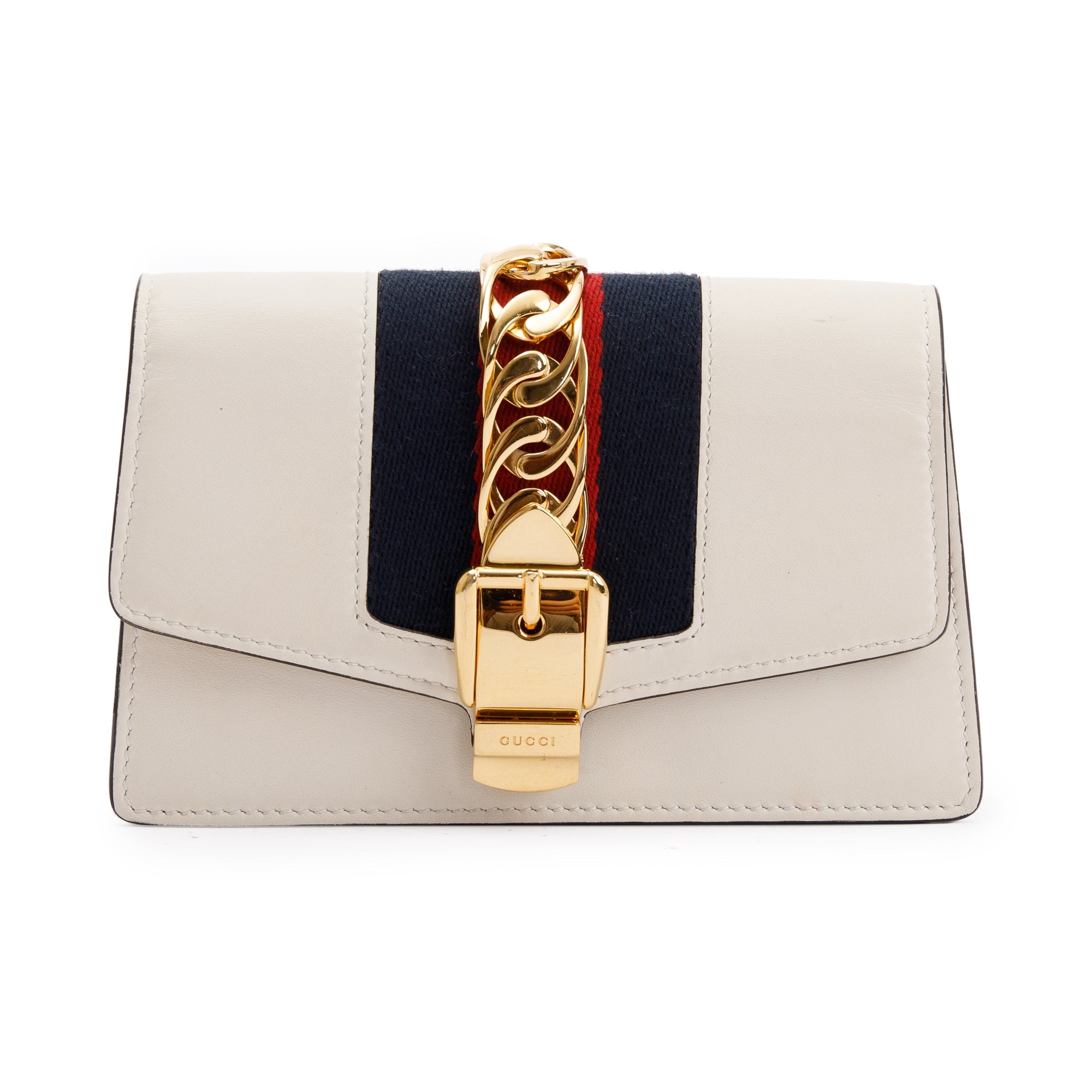 Gucci White Calfskin Leather Web Super Mini Sylvie Chain Shoulder Bag w/ Box