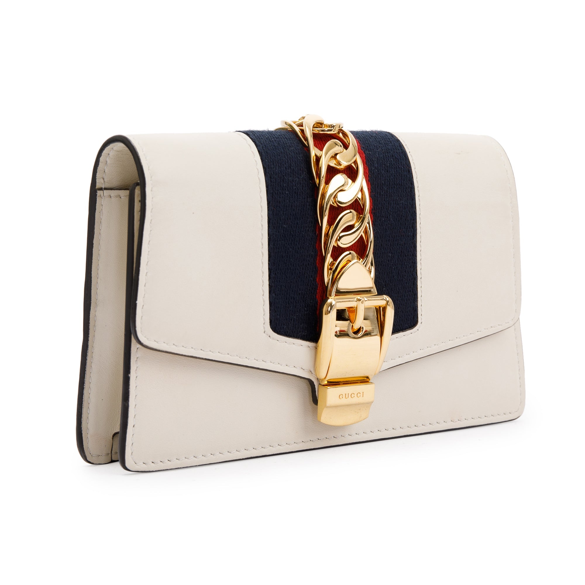 Gucci White Calfskin Leather Web Super Mini Sylvie Chain Shoulder Bag w/ Box