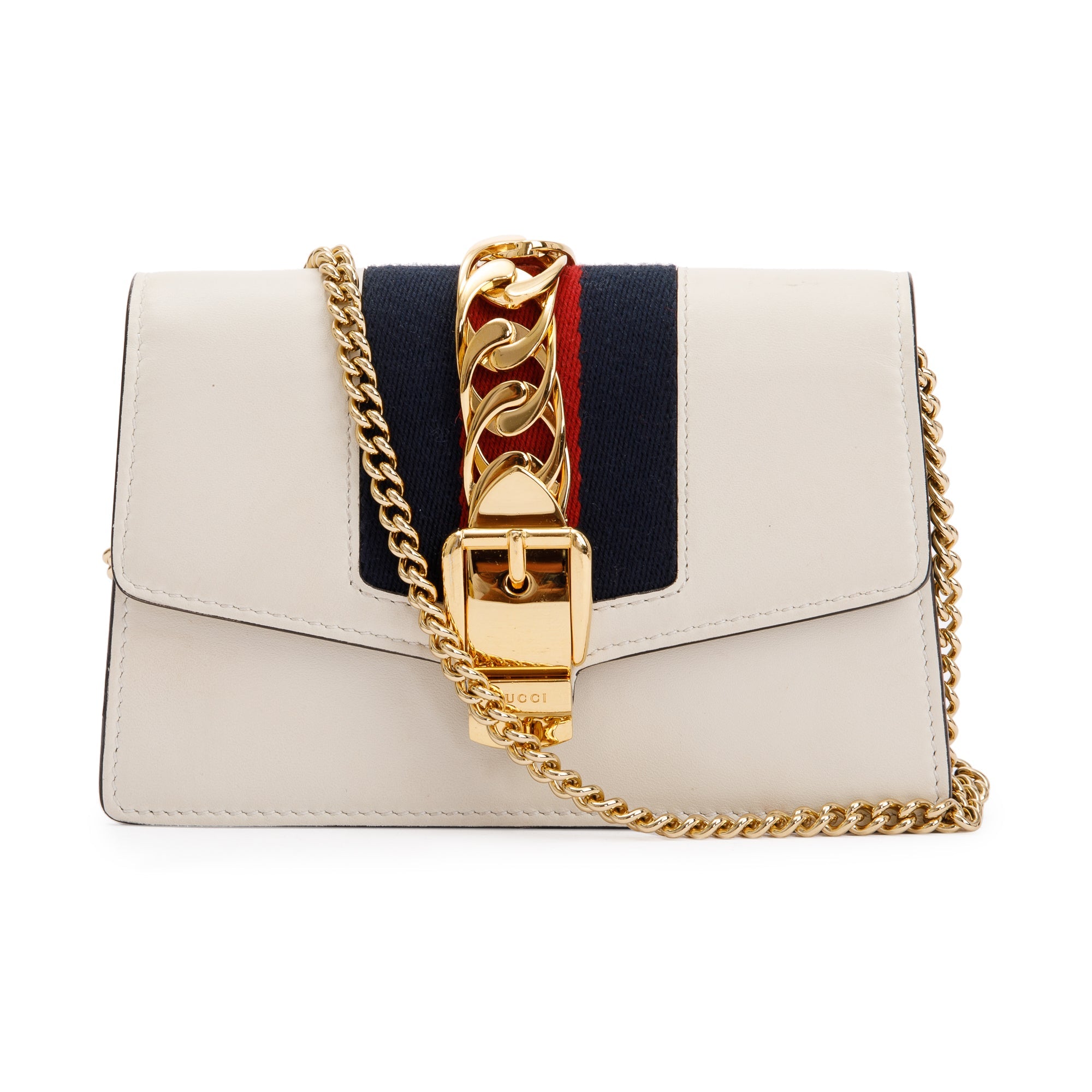 Gucci White Calfskin Leather Web Super Mini Sylvie Chain Shoulder Bag w/ Box