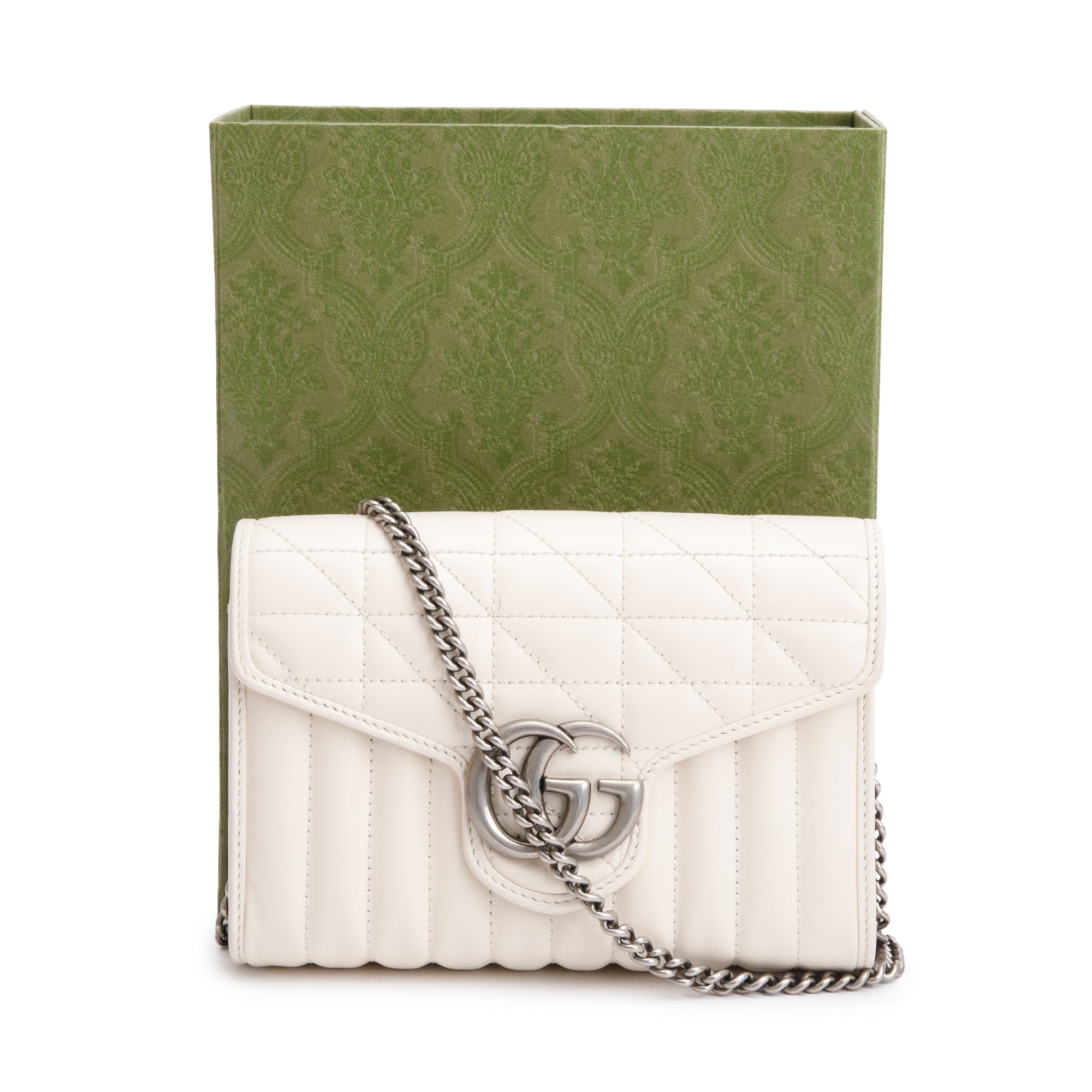 Gucci White GG Marmont Matelasse Leather Mini Chain Wallet w/ Box