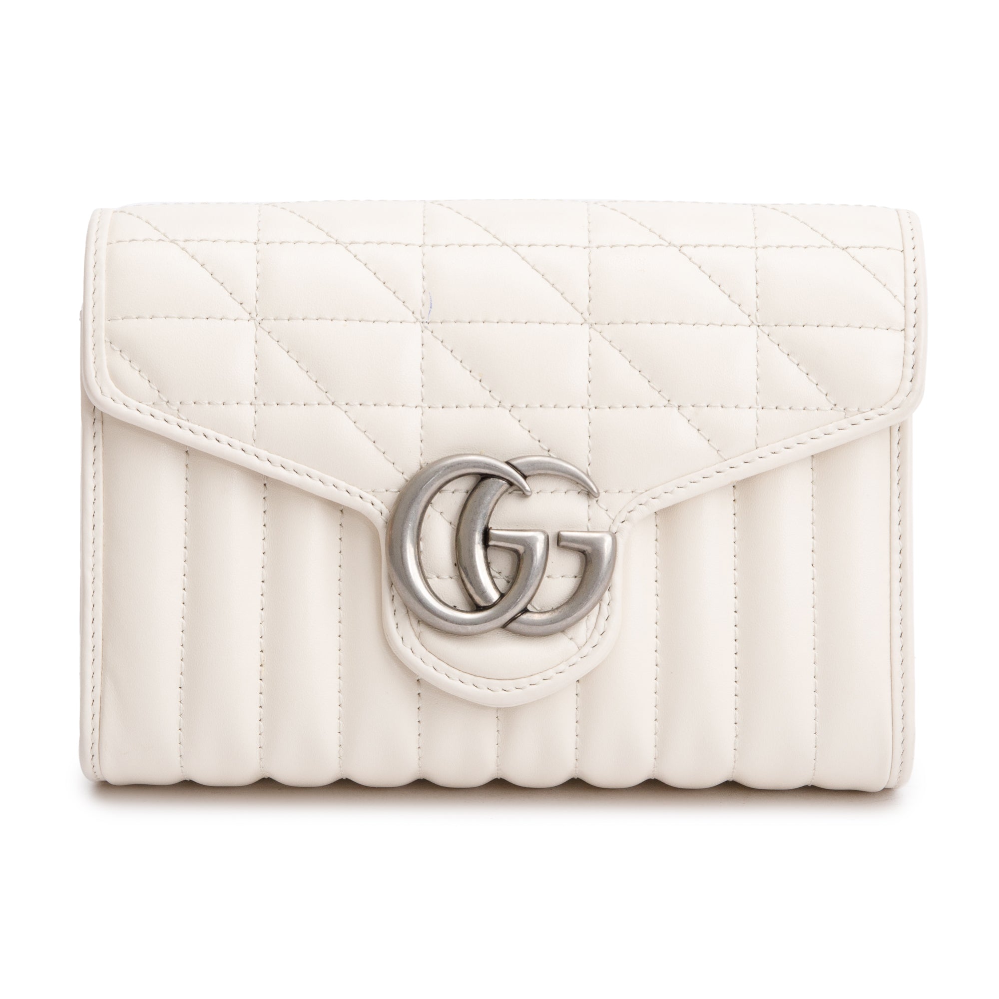 Gucci White GG Marmont Matelasse Leather Mini Chain Wallet w/ Box