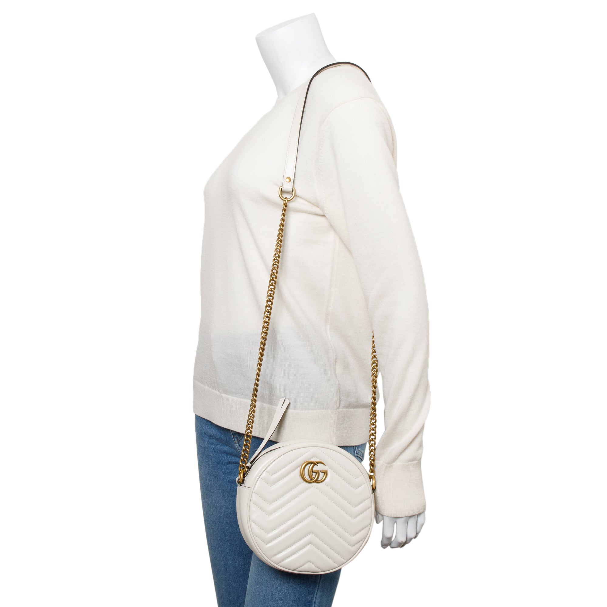 Gucci White GG Marmont Matelasse Leather Mini Round Shoulder Bag