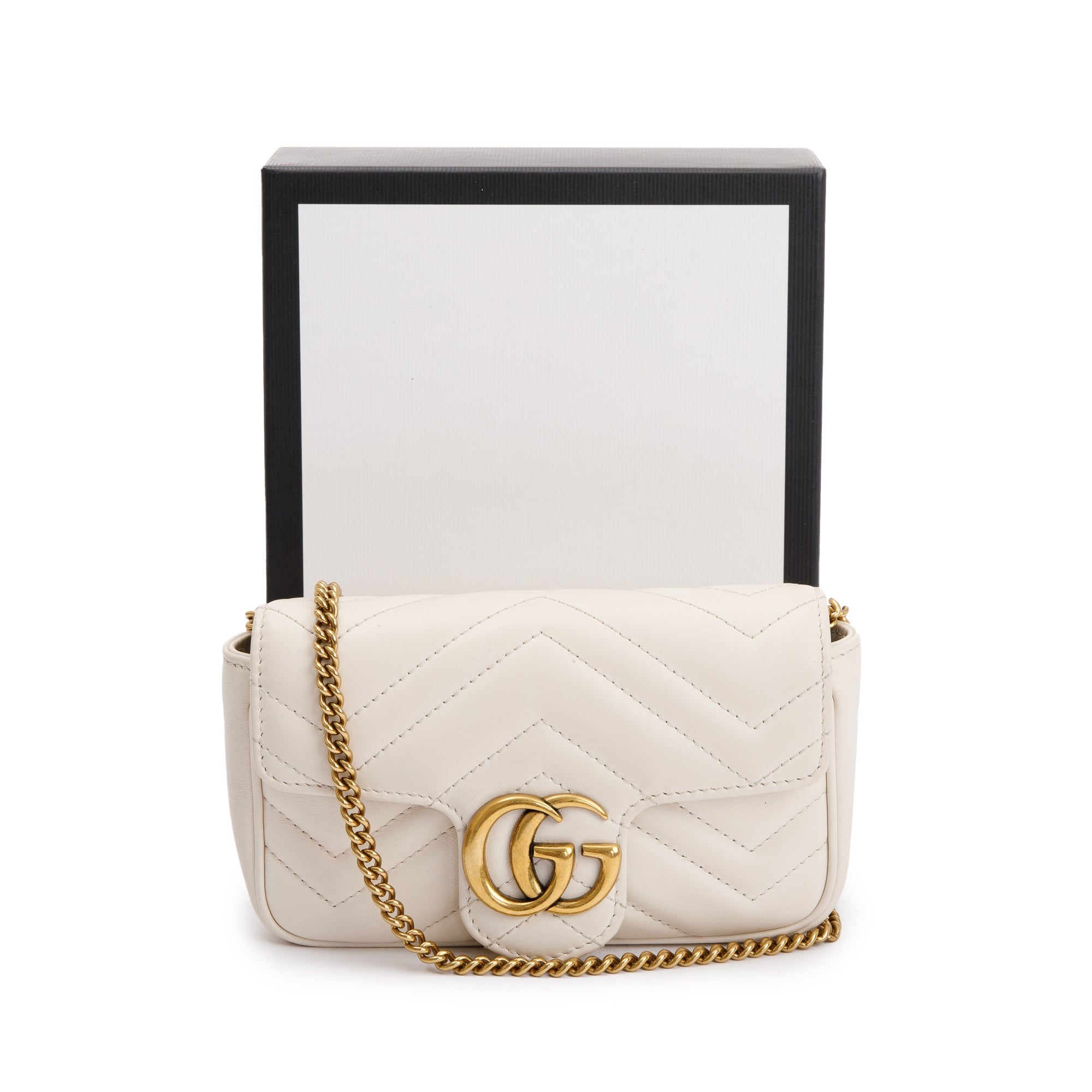 Gucci White GG Marmont Matelasse Leather Super Mini Bag w/ Box