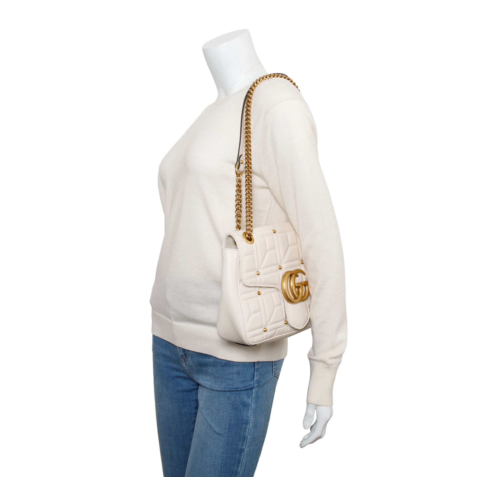 Gucci White GG Marmont Matelasse Medium Studded Shoulder Bag