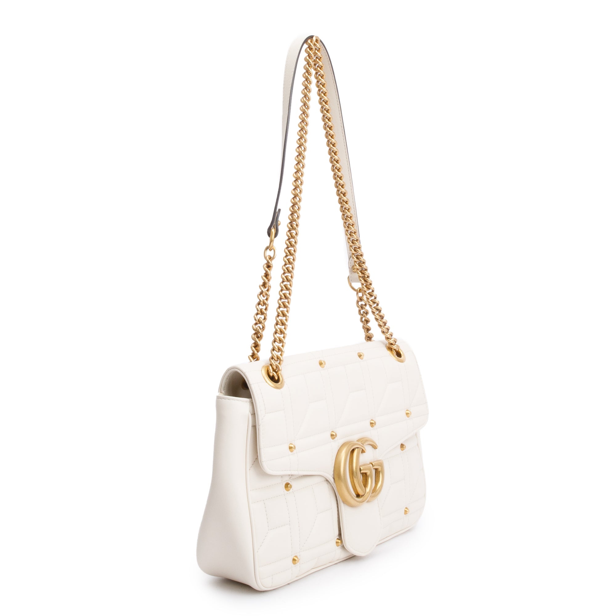 Gucci White GG Marmont Matelasse Medium Studded Shoulder Bag