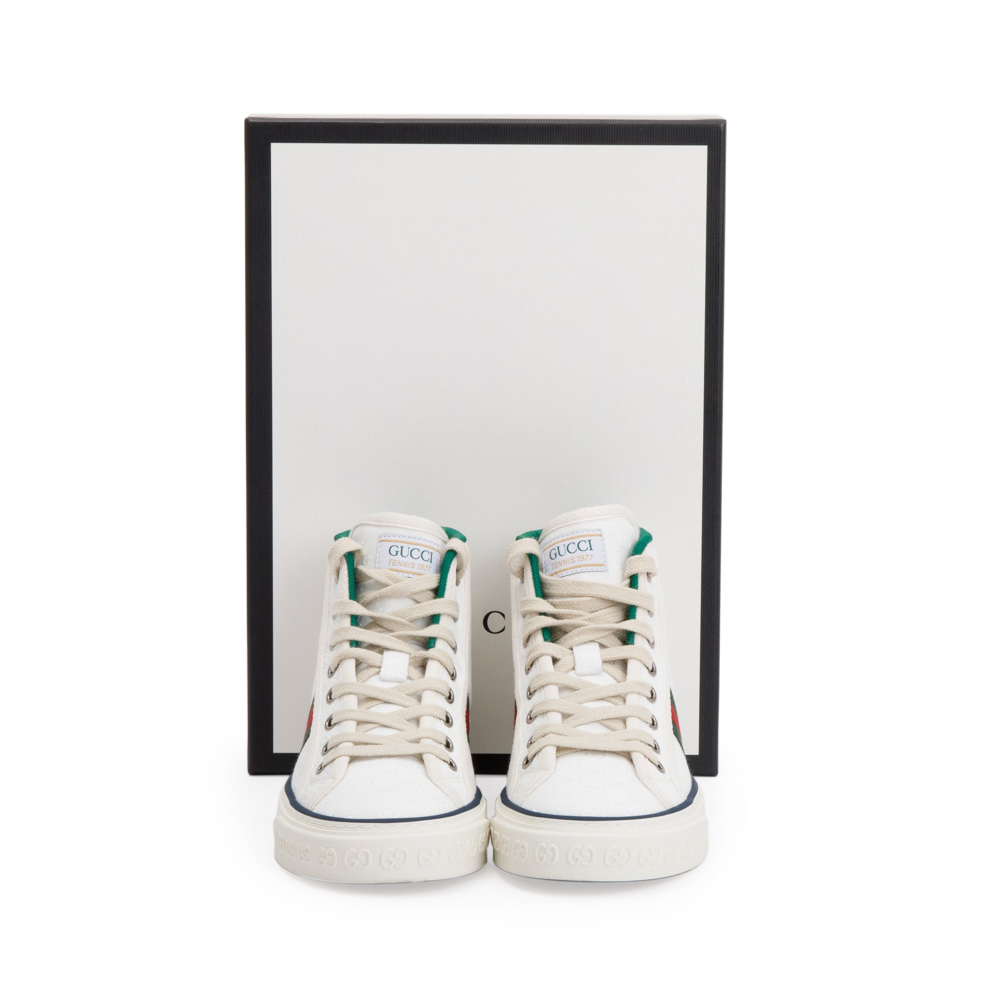 Gucci White GG Monogram Canvas Web 1977 High Top Tennis Sneakers, Size 35 w/ Box
