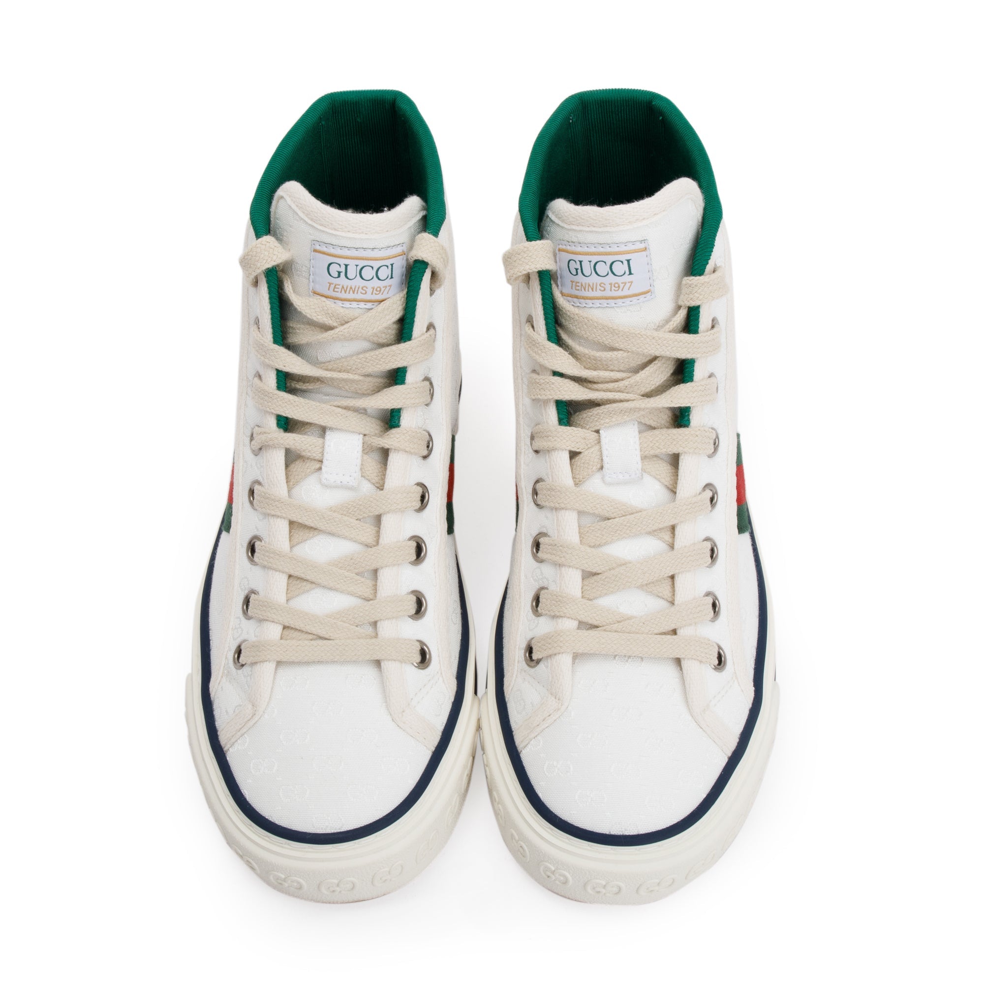 Gucci White GG Monogram Canvas Web 1977 High Top Tennis Sneakers, Size 35 w/ Box