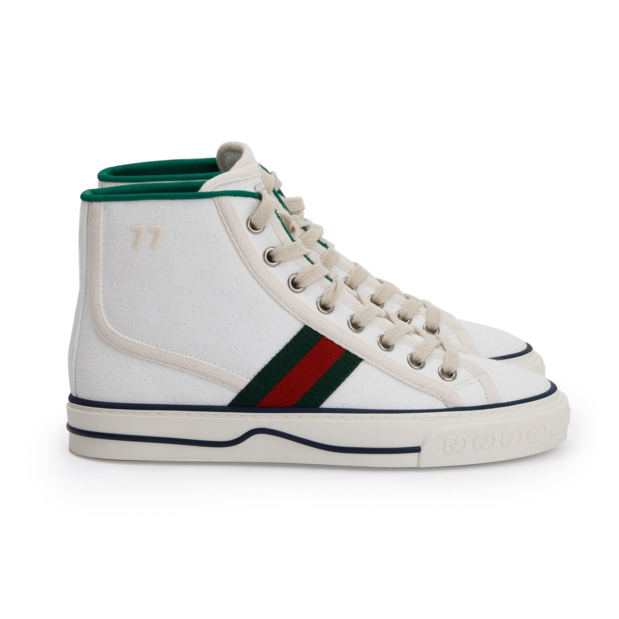 Gucci White GG Monogram Canvas Web 1977 High Top Tennis Sneakers, Size 35 w/ Box