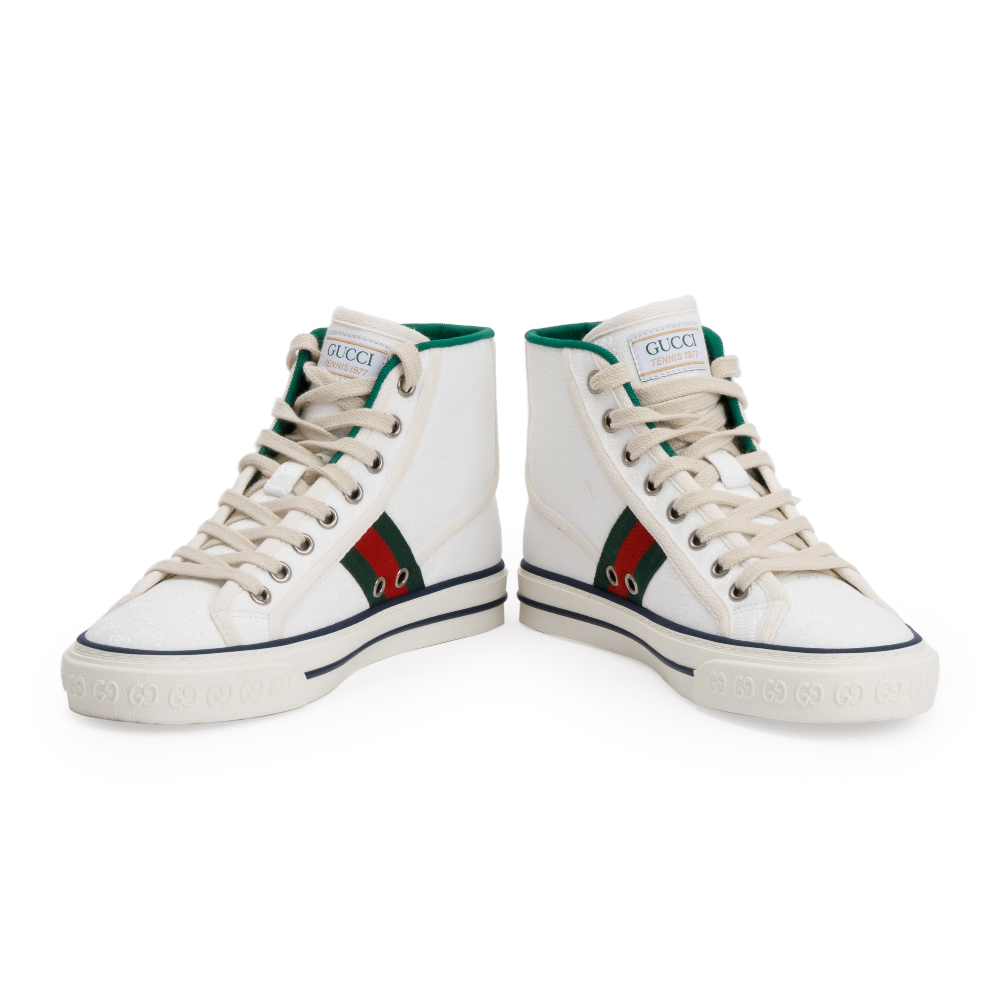 Gucci White GG Monogram Canvas Web 1977 High Top Tennis Sneakers, Size 35 w/ Box