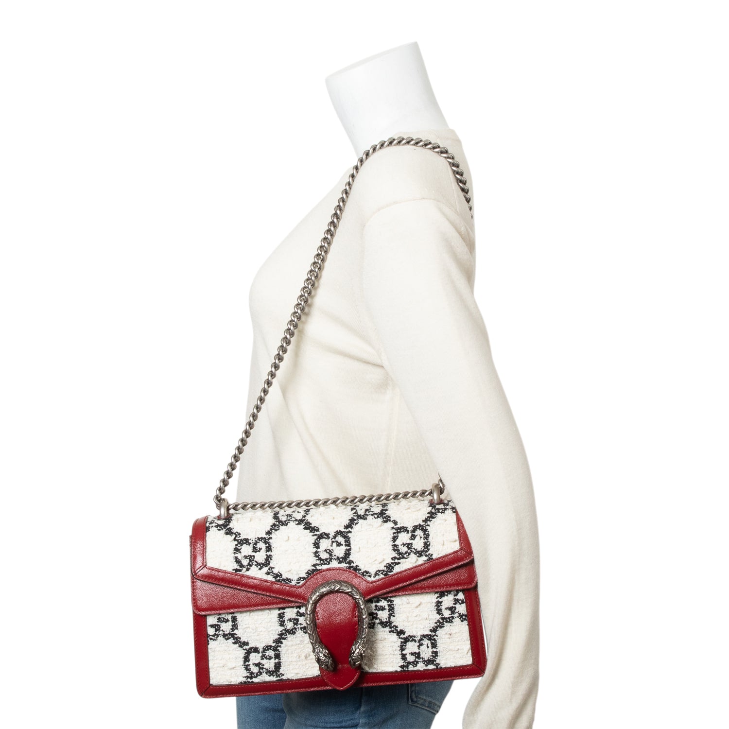 Gucci White GG Tweed Red Leather Small Dionysus Shoulder Bag