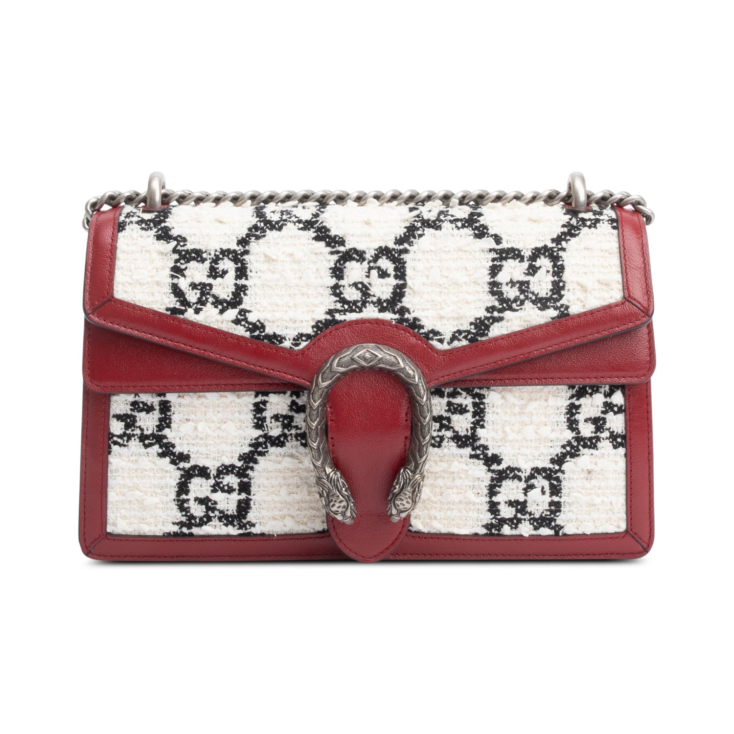Gucci White GG Tweed Red Leather Small Dionysus Shoulder Bag