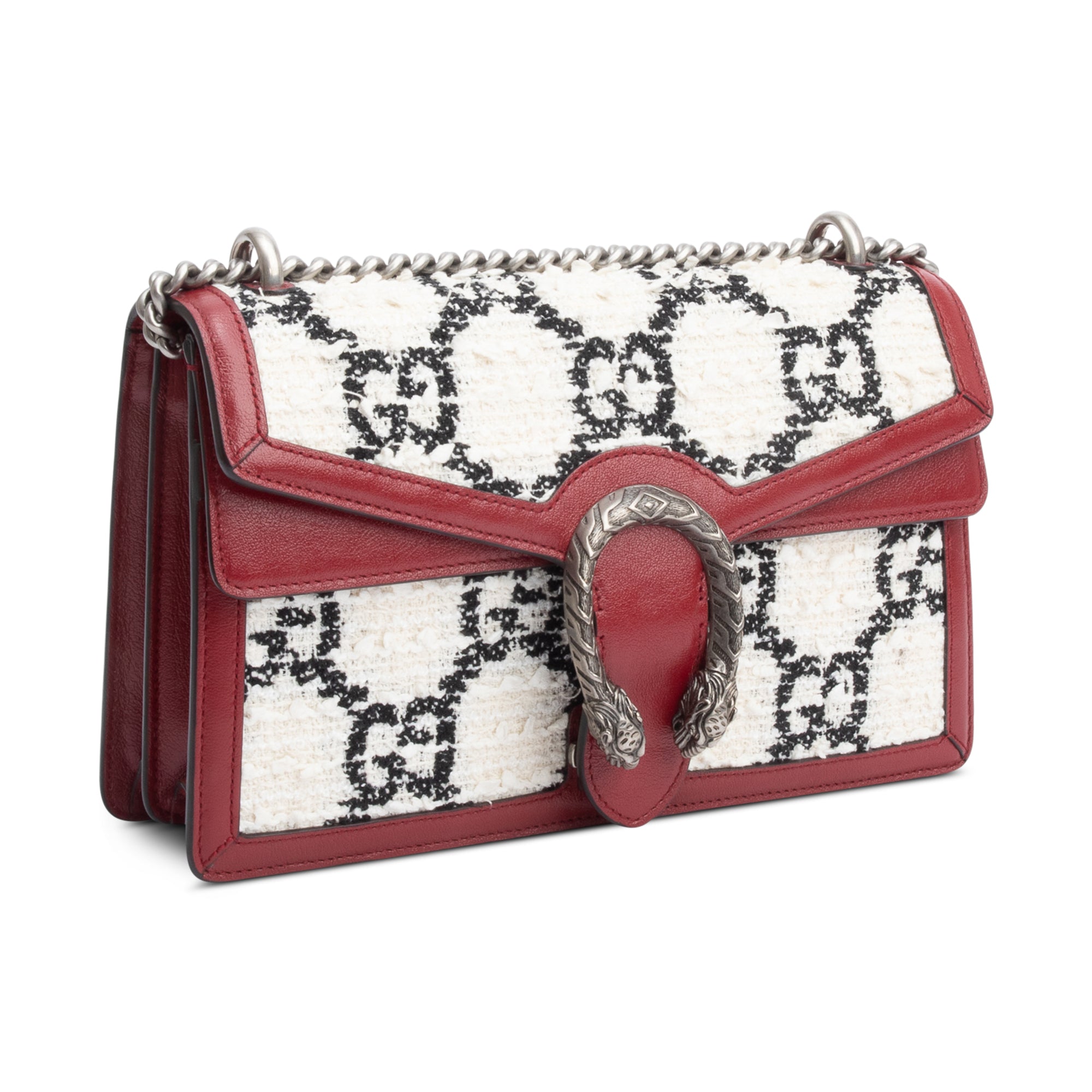 Gucci White GG Tweed Red Leather Small Dionysus Shoulder Bag