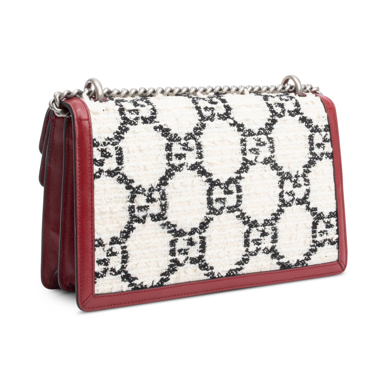 Gucci White GG Tweed Red Leather Small Dionysus Shoulder Bag