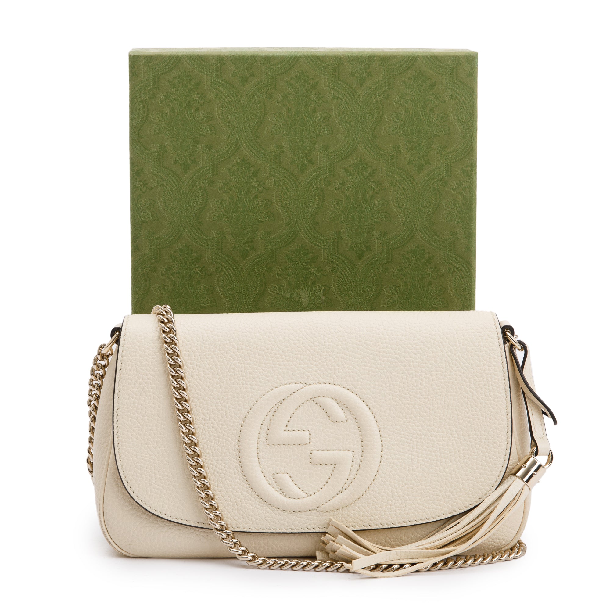 Gucci White Grained Calfskin Leather Medium Soho Chain Crossbody Bag w/ Box