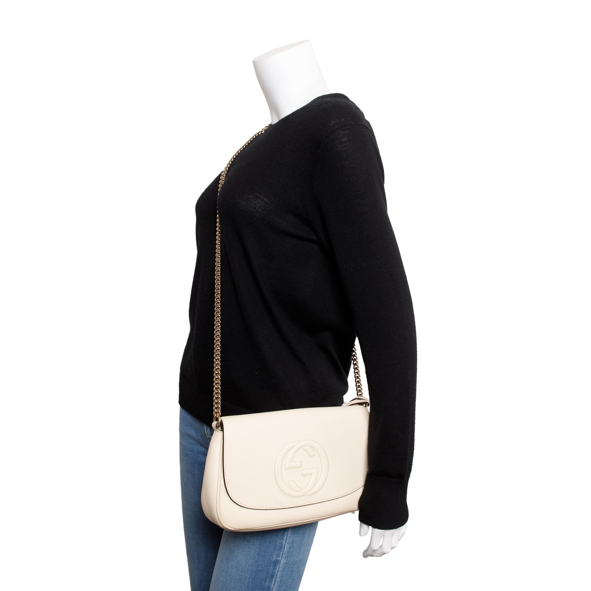 Gucci White Grained Calfskin Leather Medium Soho Chain Crossbody Bag w/ Box