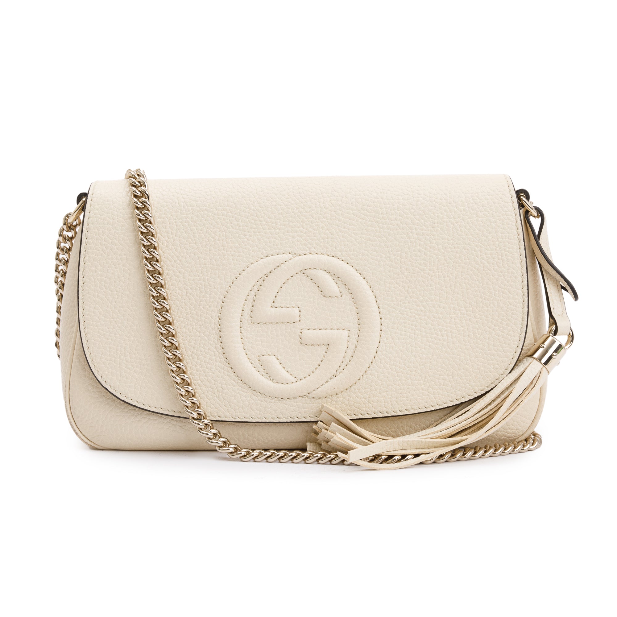 Gucci White Grained Calfskin Leather Medium Soho Chain Crossbody Bag w/ Box