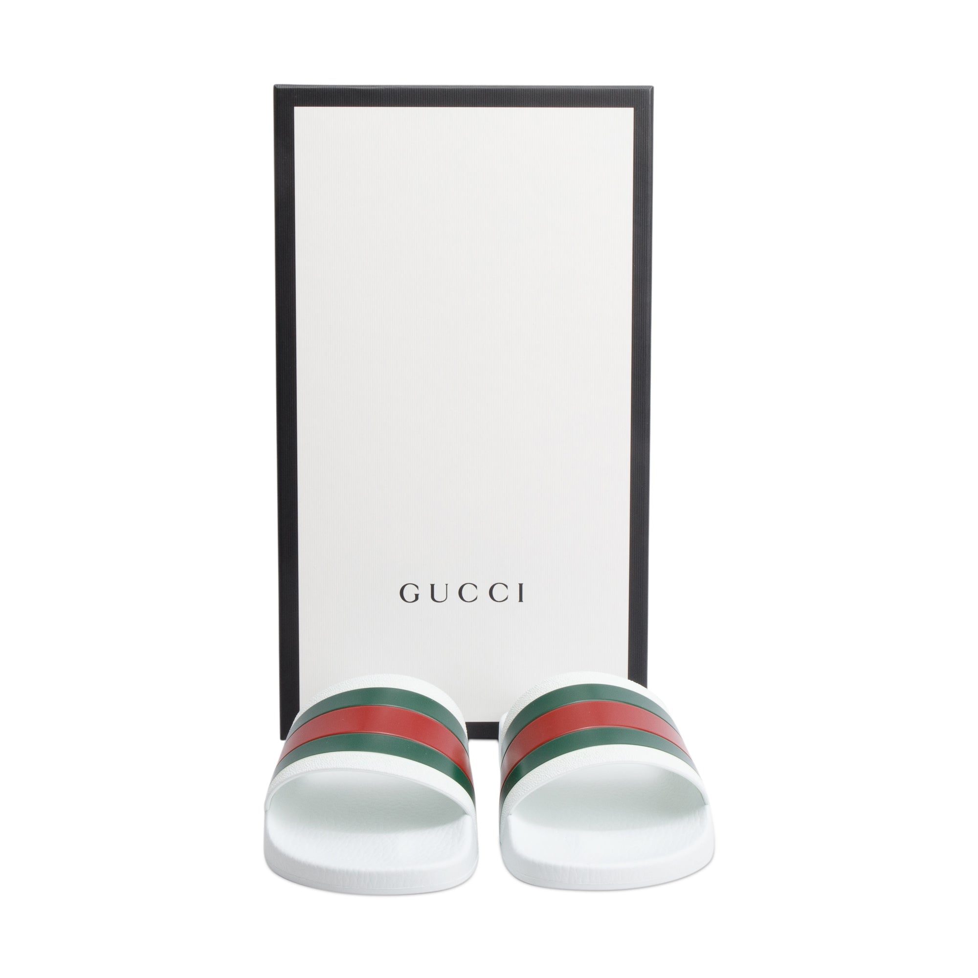 Gucci White, Green & Red Web Accent Rubber Slides w/ Box