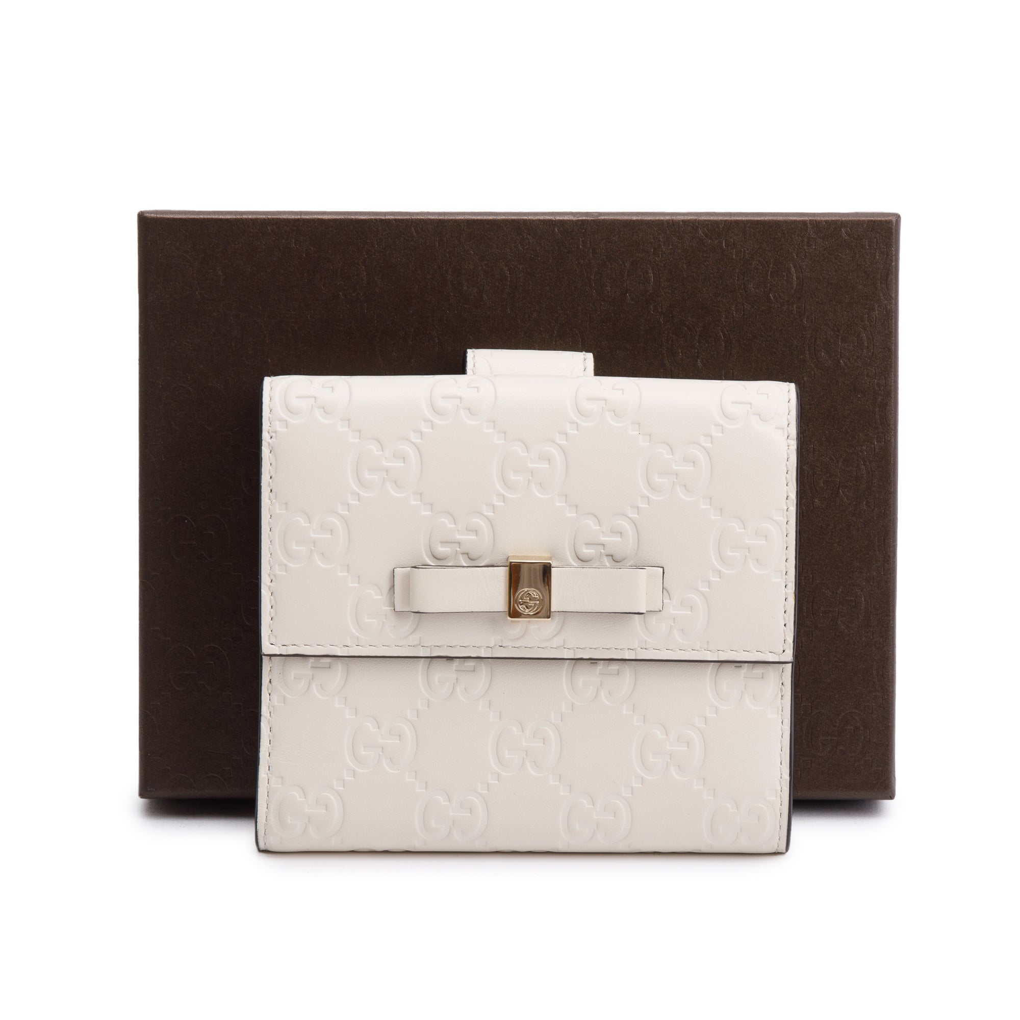 Gucci White Guccisimma Leather Compact Bow Wallet w/ Box