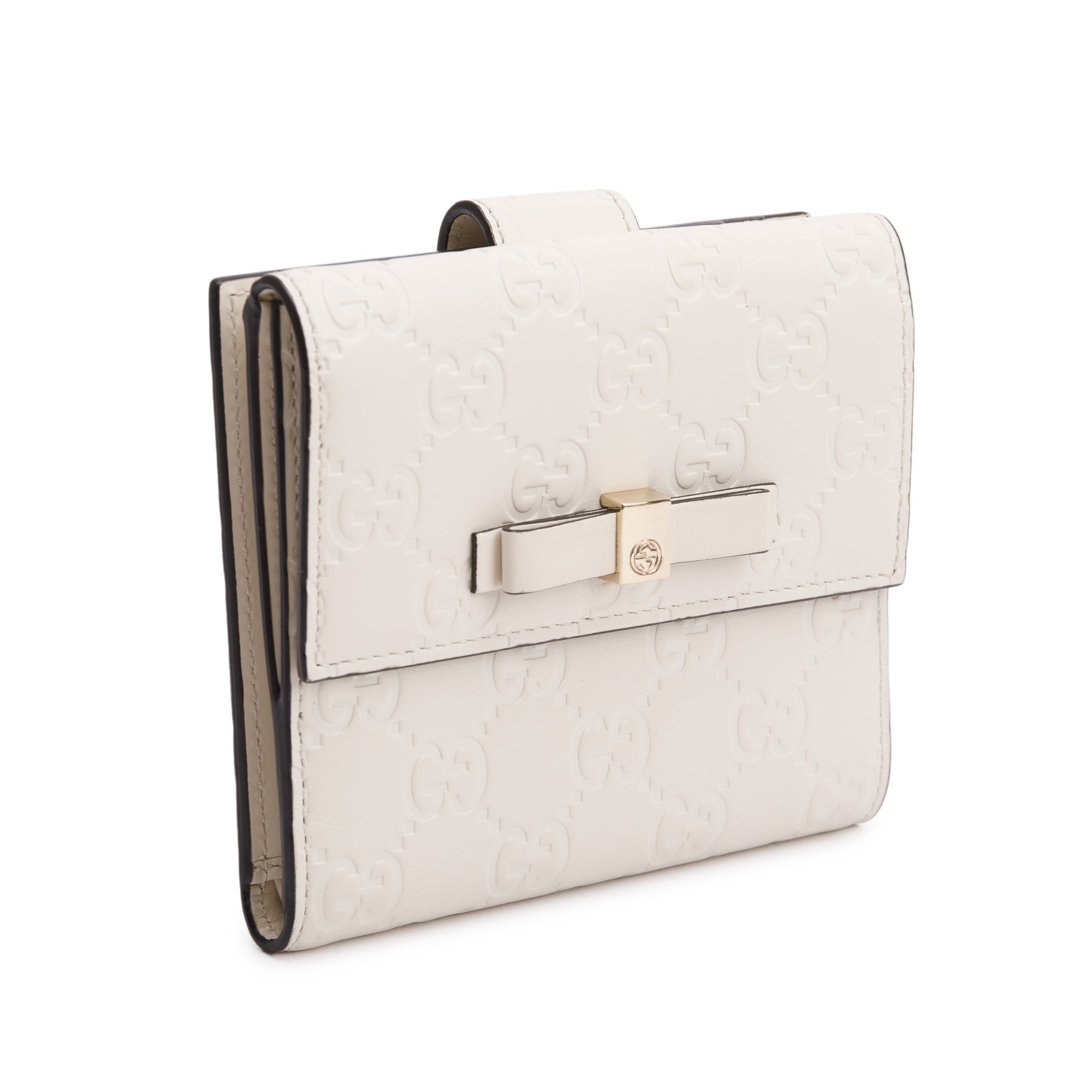 Gucci White Guccisimma Leather Compact Bow Wallet w/ Box