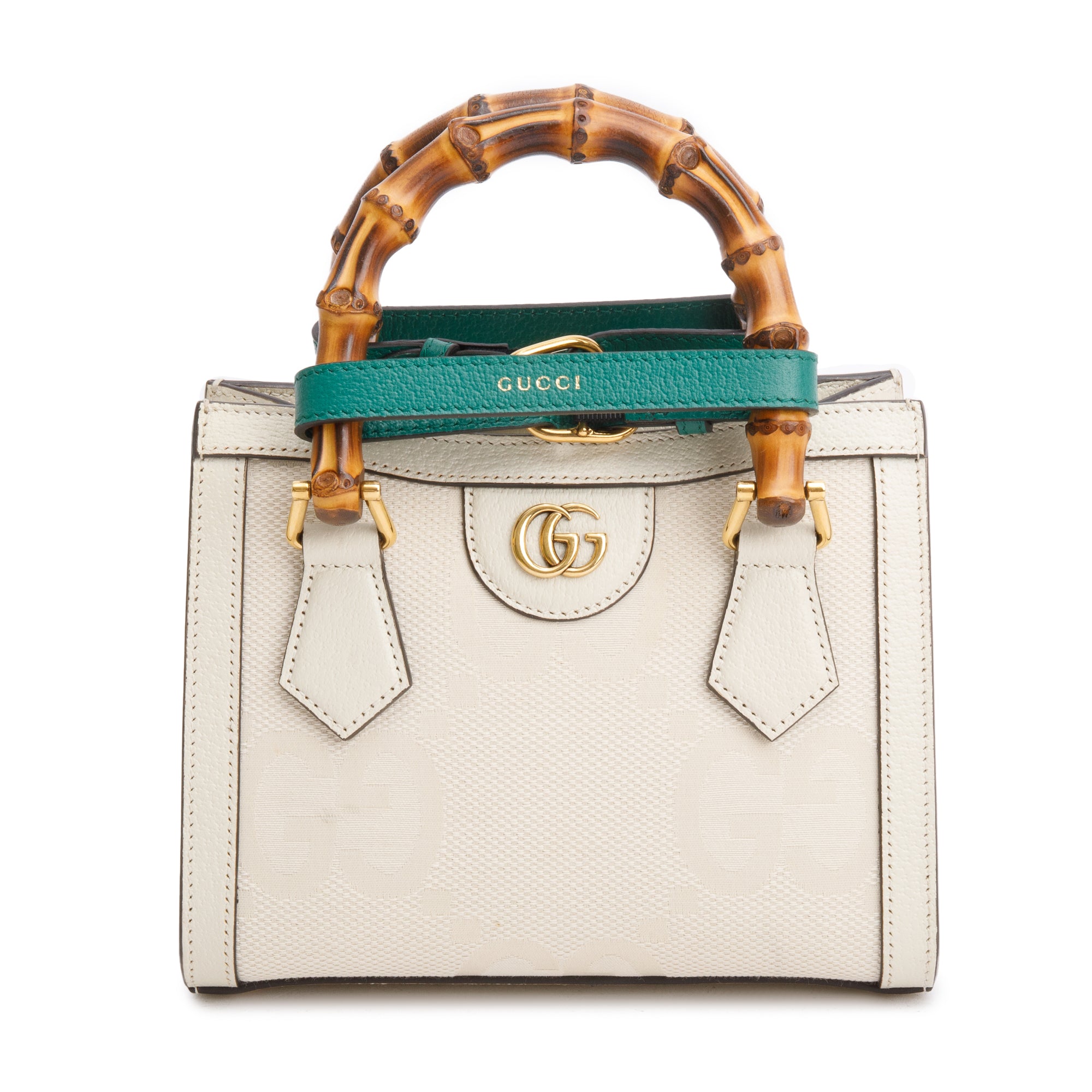 Gucci White Jumbo GG Canvas and Calfskin Leather Diana Mini Tote Bag w/ Straps & Box
