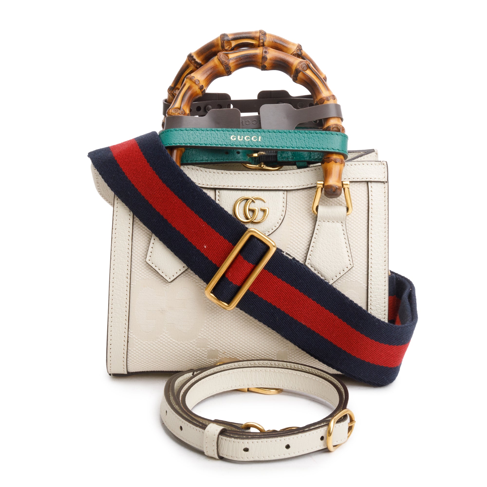 Gucci White Jumbo GG Canvas and Calfskin Leather Diana Mini Tote Bag w/ Straps & Box