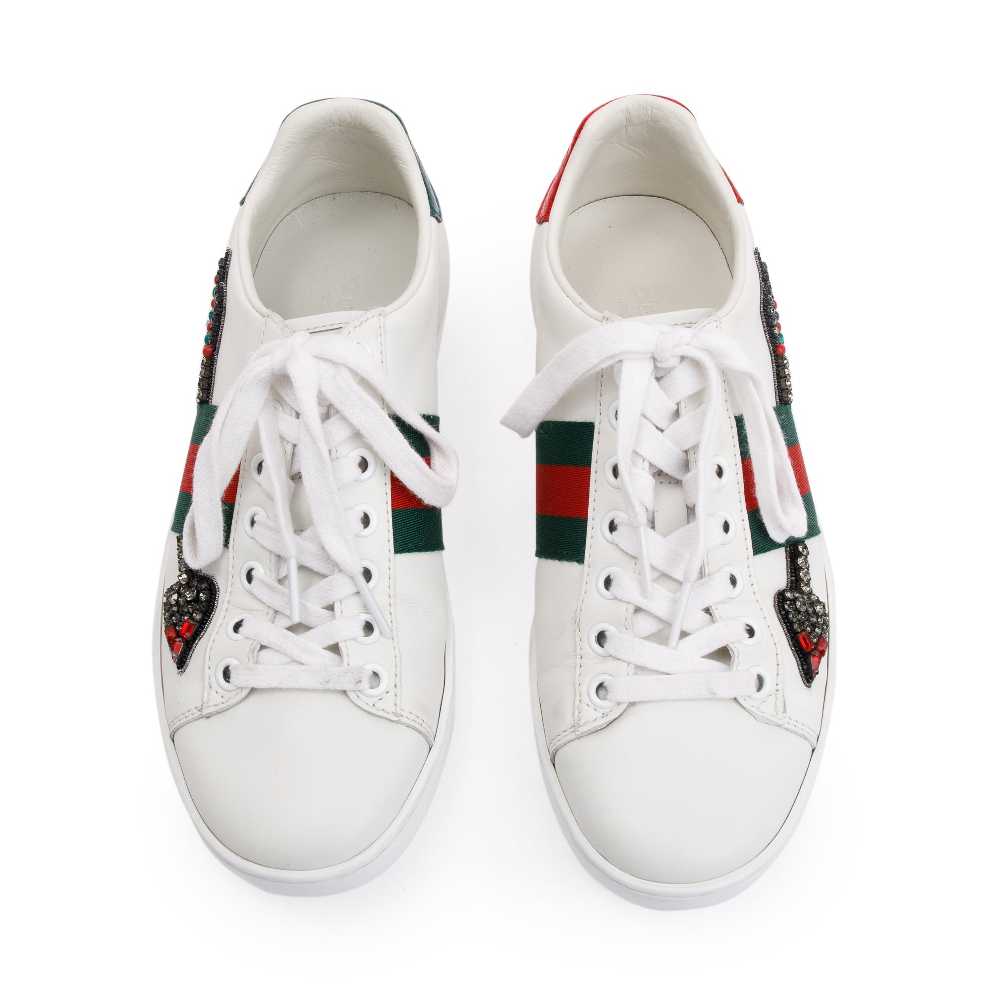 Gucci White Leather Crystal Arrow Web Ace Sneakers, Size 35