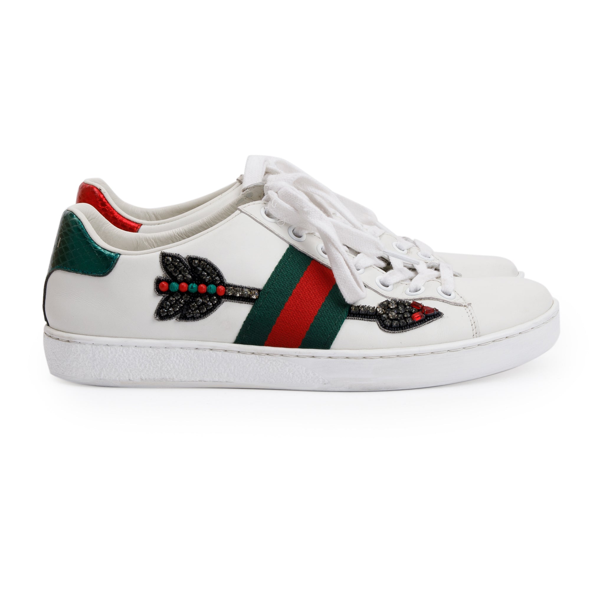 Gucci White Leather Crystal Arrow Web Ace Sneakers, Size 35
