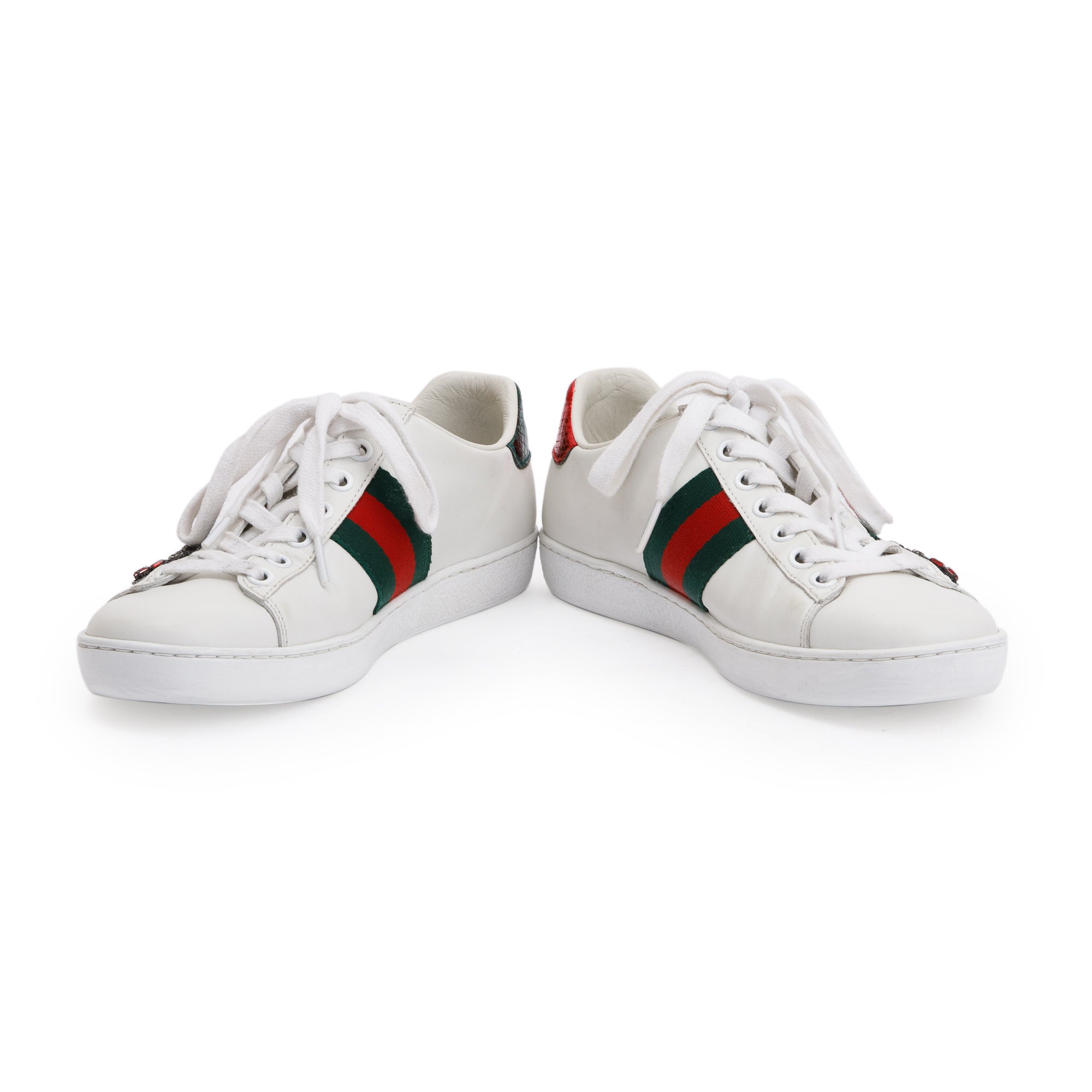 Gucci White Leather Crystal Arrow Web Ace Sneakers, Size 35