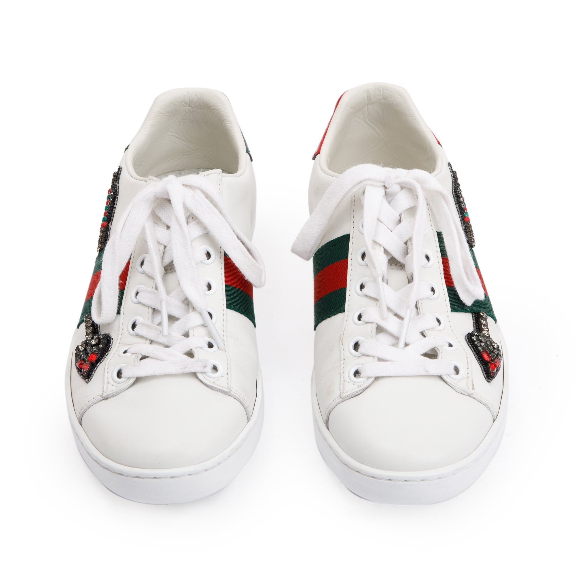 Gucci White Leather Crystal Arrow Web Ace Sneakers, Size 35