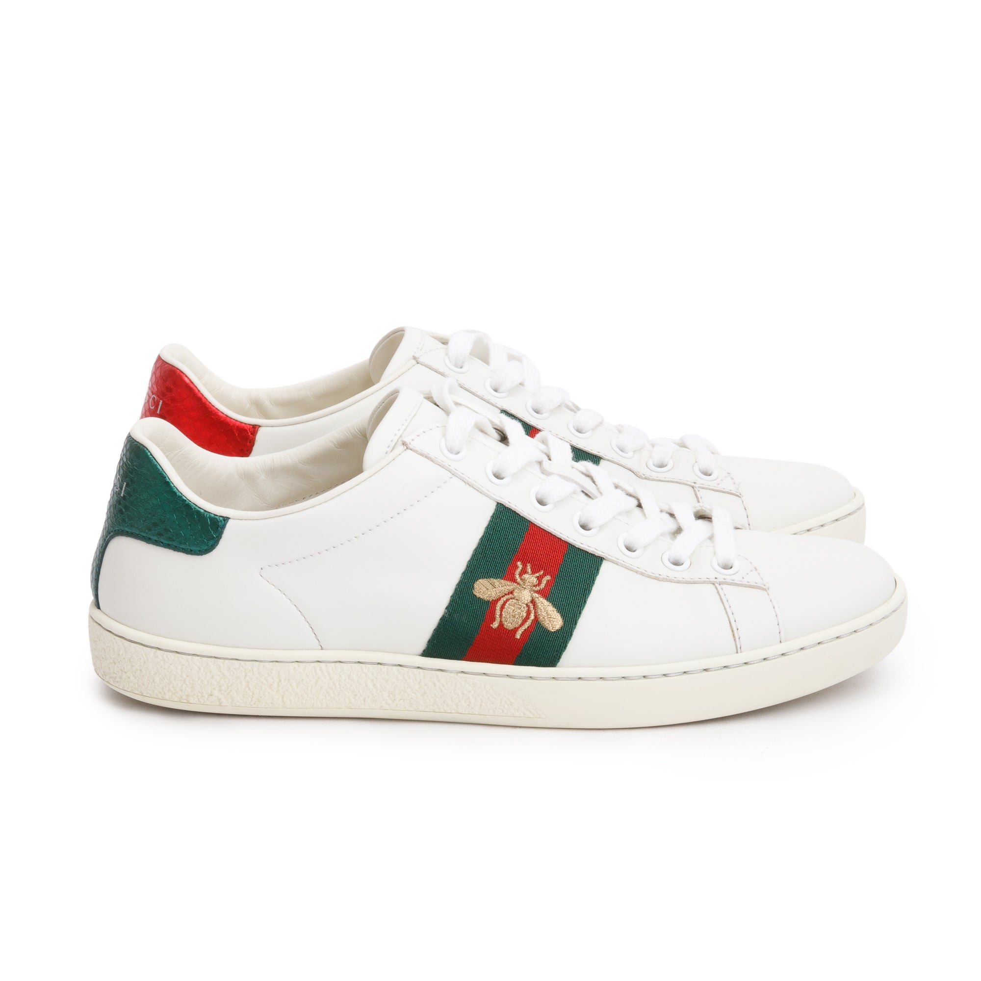 Gucci White Leather Embroidered Web Bee Ace Sneakers, Size 38