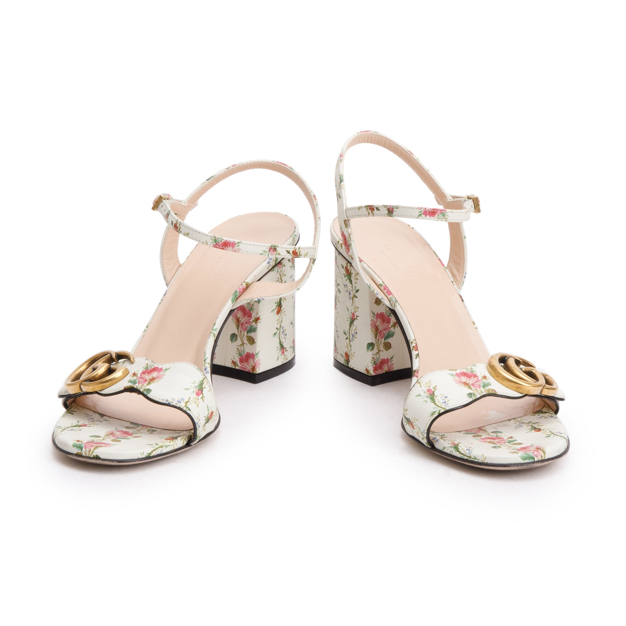 Gucci White Leather GG Marmont Floral Sandals, Size 36