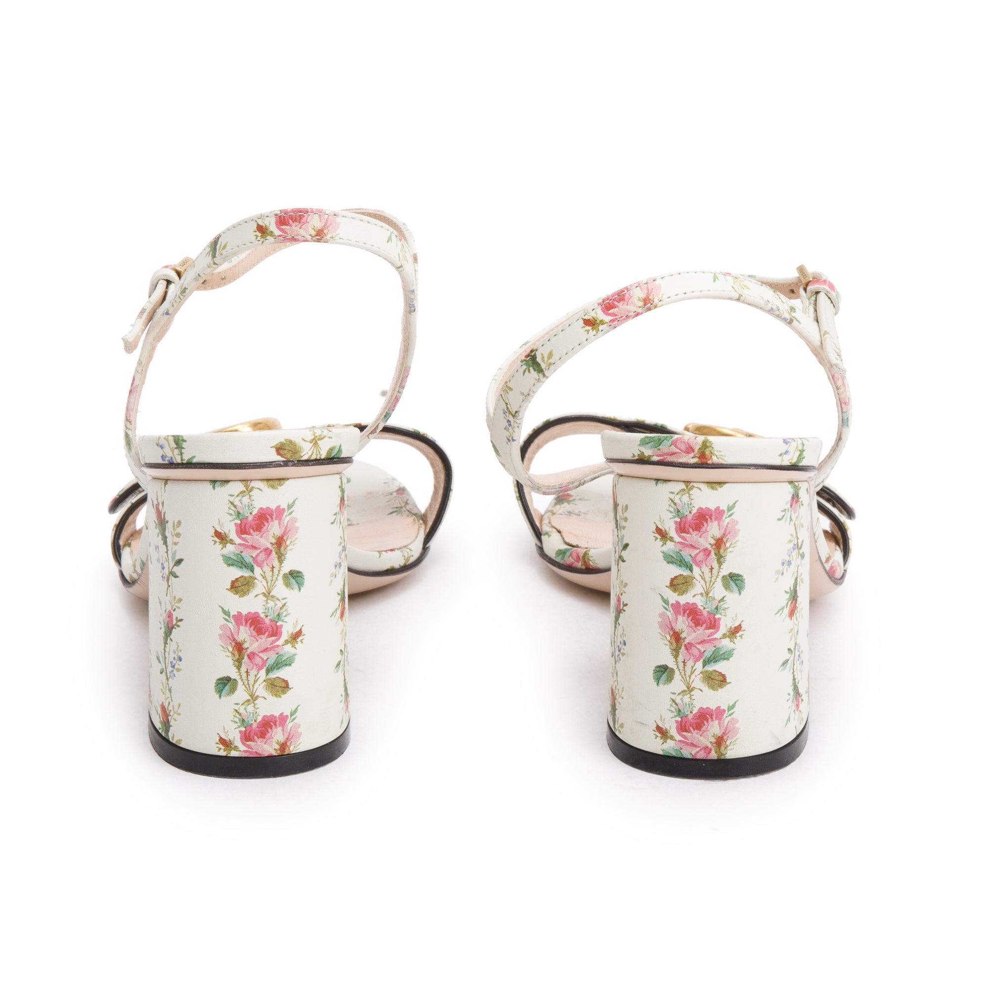 Gucci White Leather GG Marmont Floral Sandals, Size 36