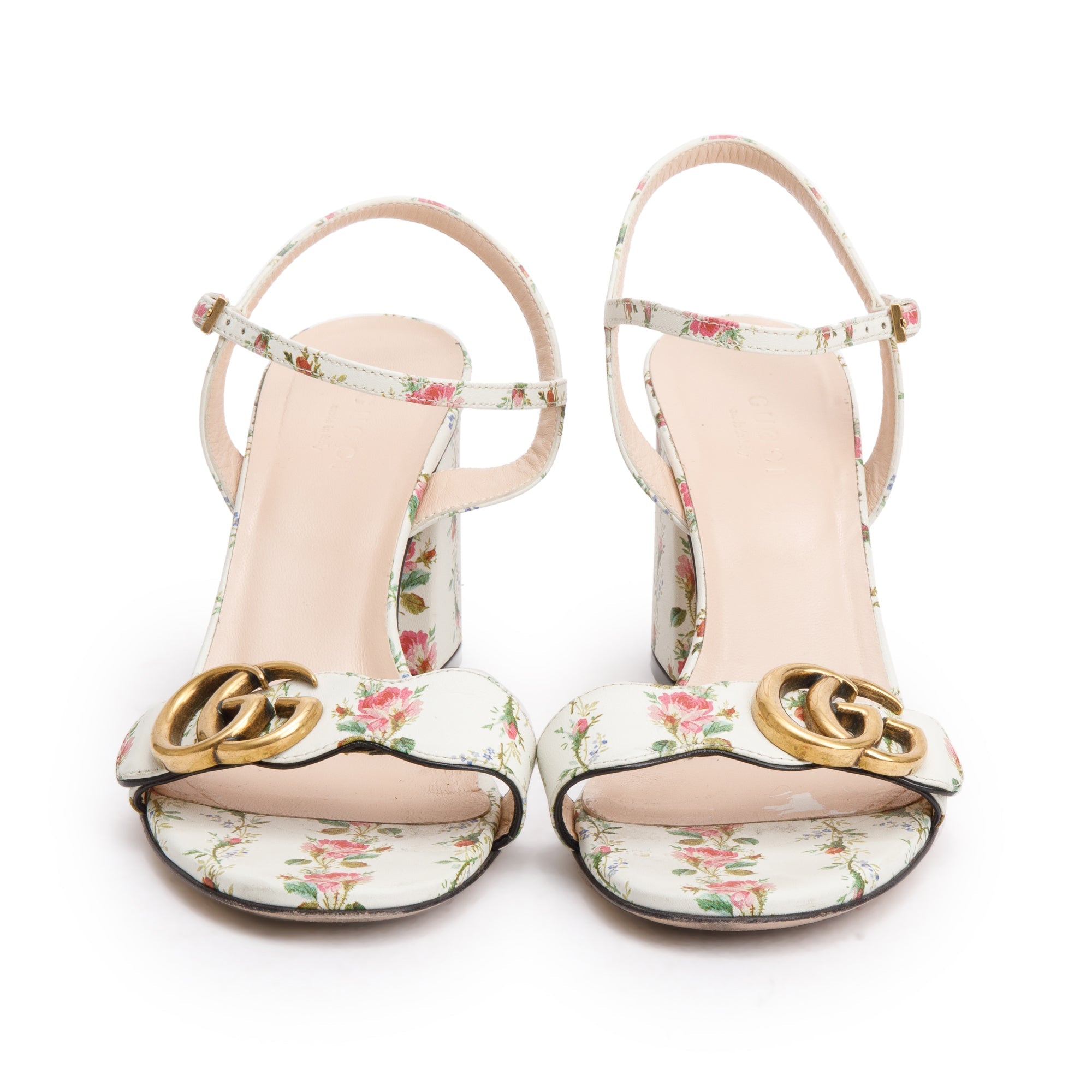Gucci White Leather GG Marmont Floral Sandals, Size 36