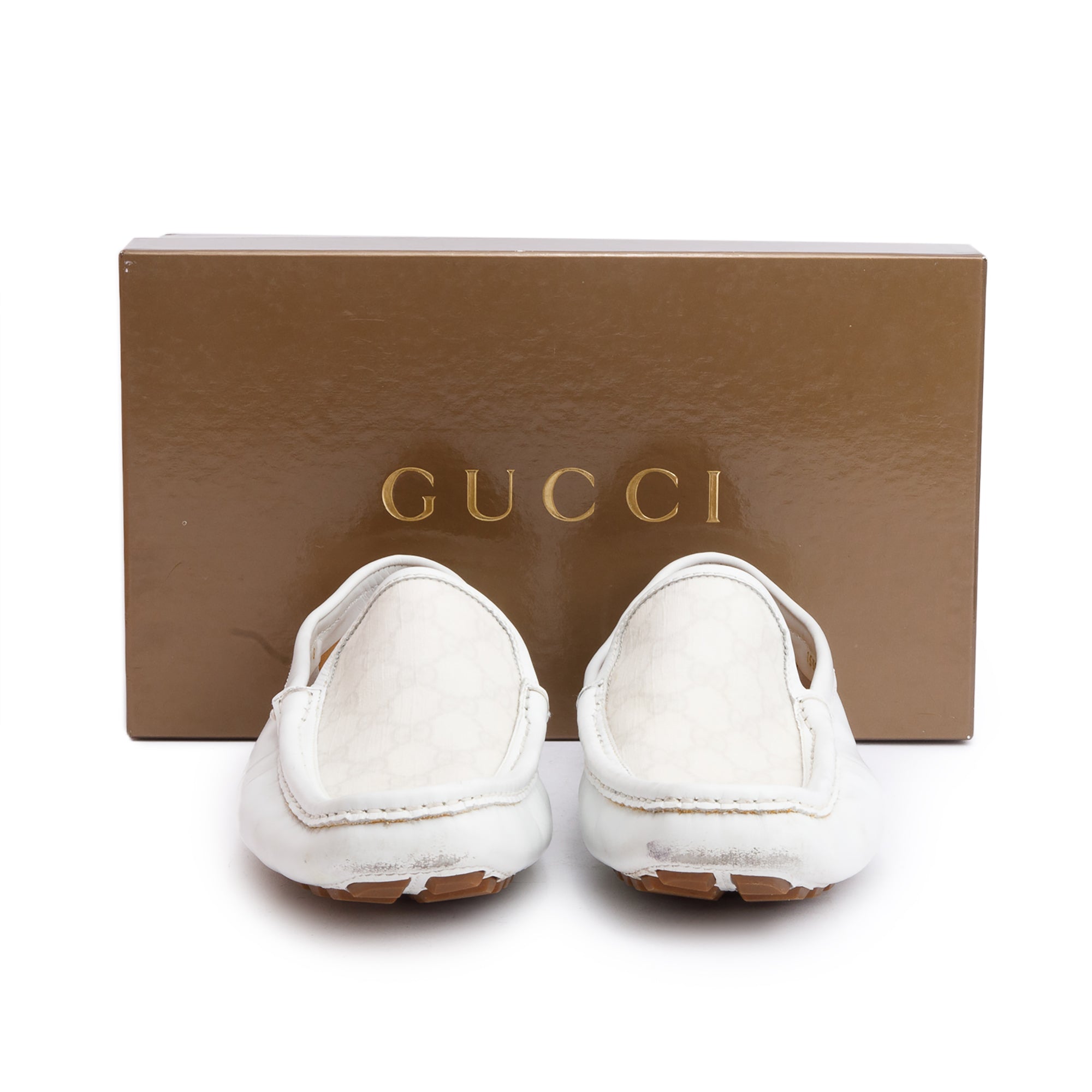 Gucci White Leather GG Supreme Drivers Loafers, Size 9.5