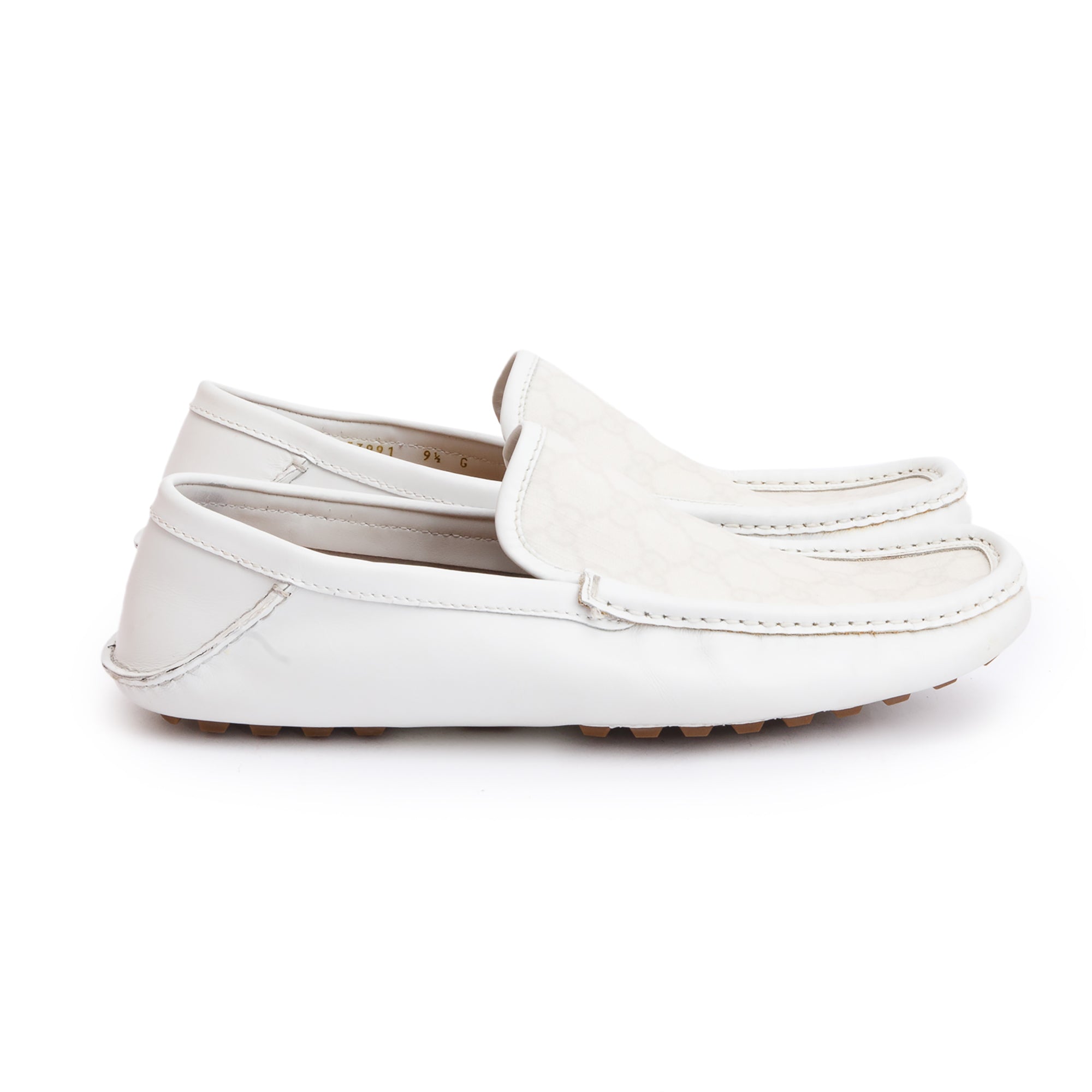 Gucci White Leather GG Supreme Drivers Loafers, Size 9.5