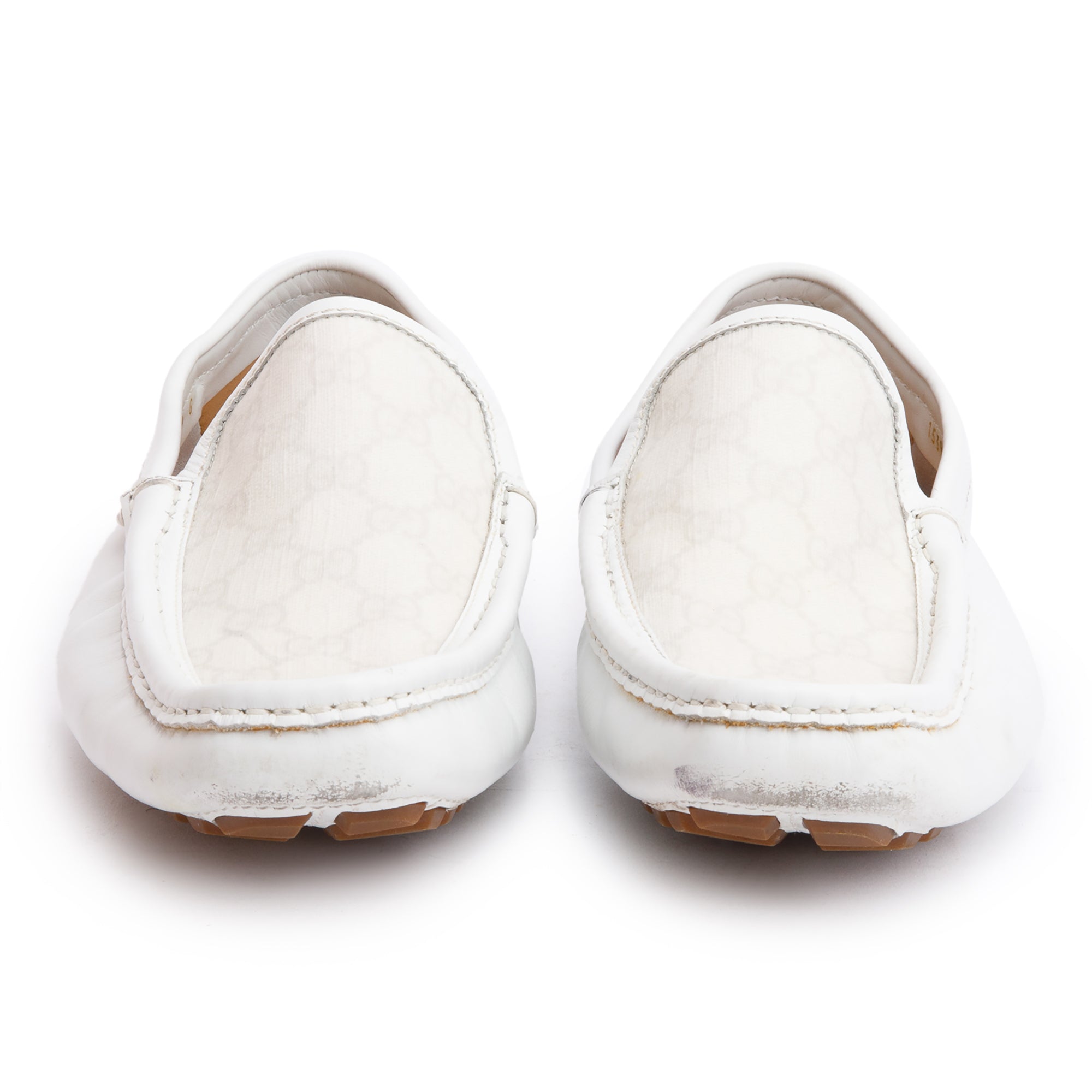 Gucci White Leather GG Supreme Drivers Loafers, Size 9.5