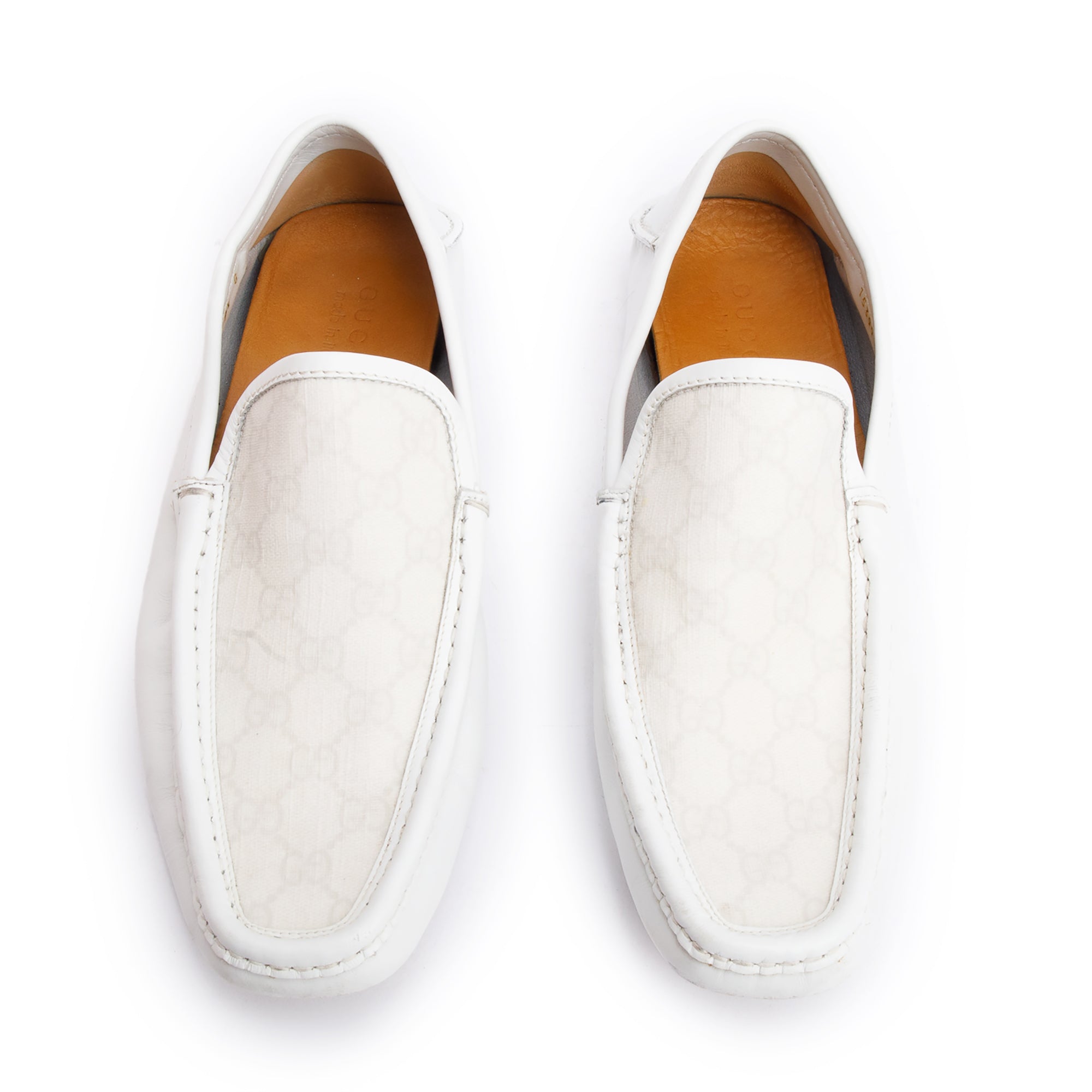 Gucci White Leather GG Supreme Drivers Loafers, Size 9.5