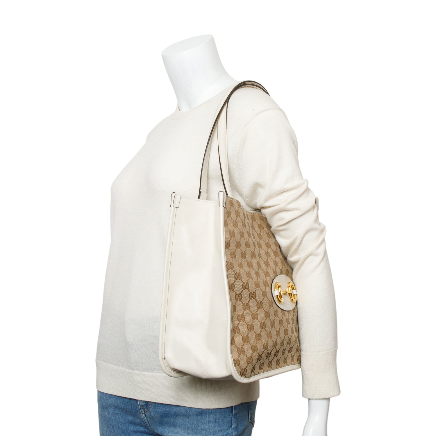 Gucci White Leather Trim GG Canvas Medium Horsebit 1955 Tote