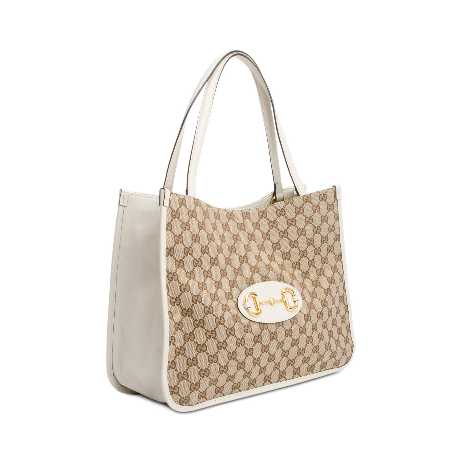 Gucci White Leather Trim GG Canvas Medium Horsebit 1955 Tote