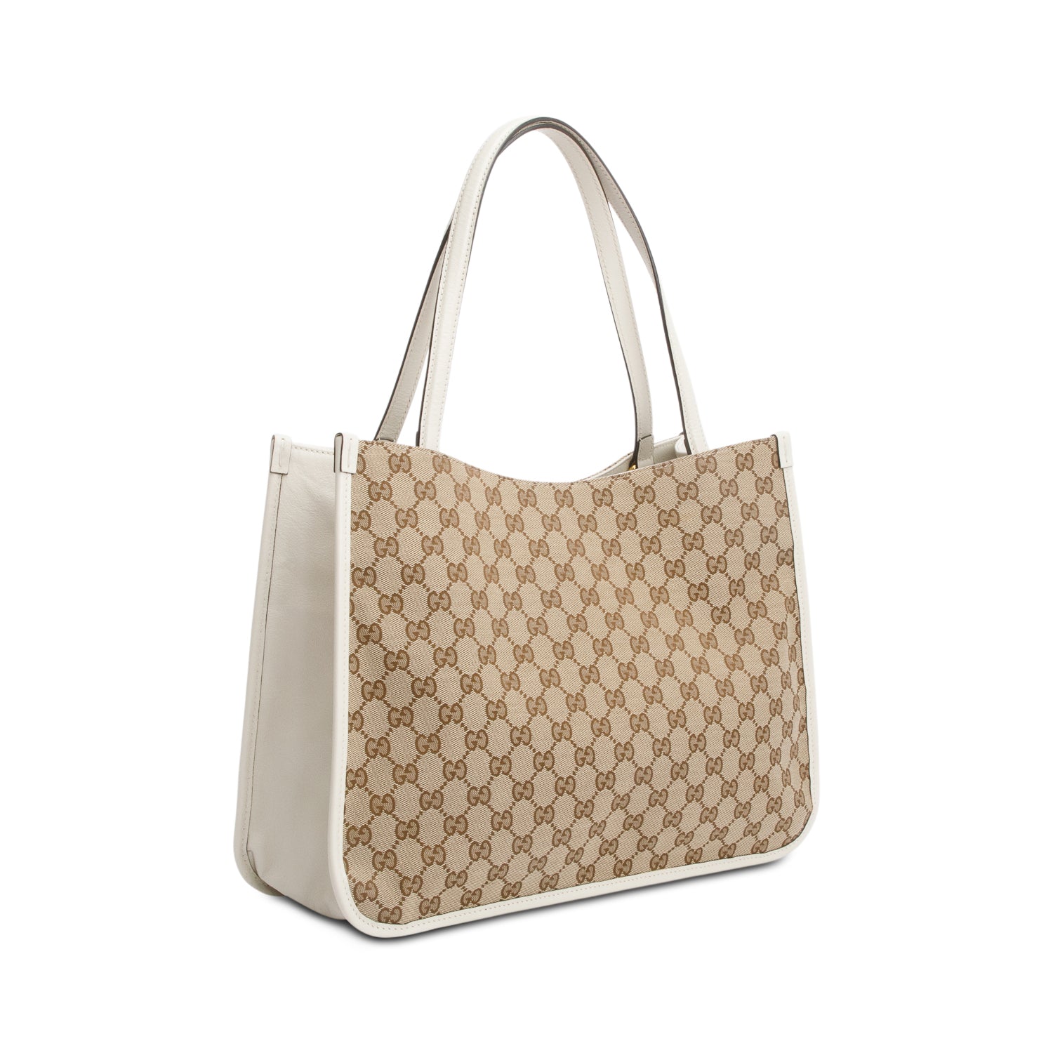 Gucci White Leather Trim GG Canvas Medium Horsebit 1955 Tote