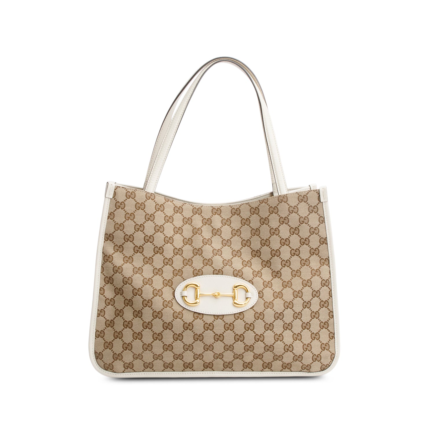 Gucci White Leather Trim GG Canvas Medium Horsebit 1955 Tote