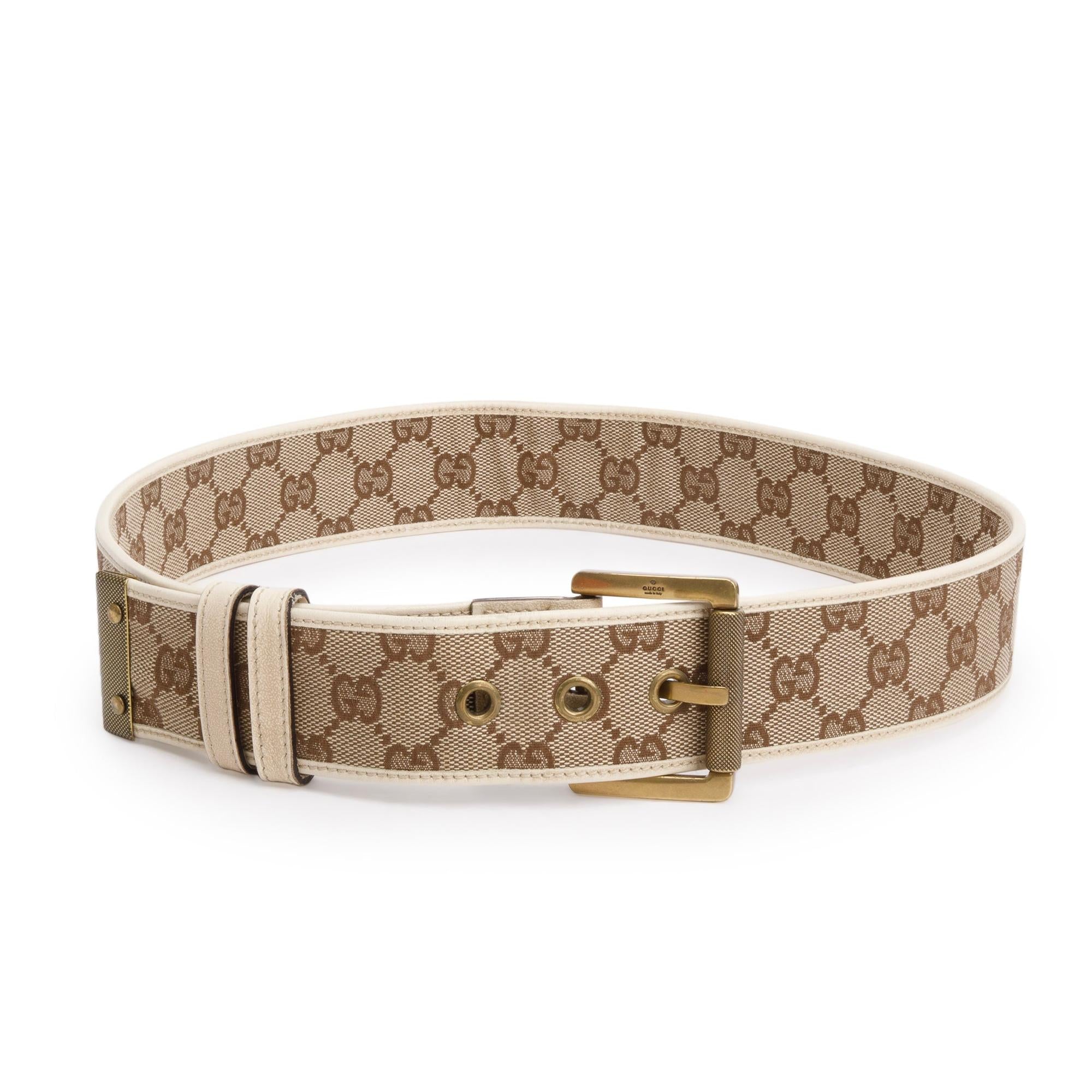 Gucci White Leather Trimmed GG Canvas Belt, Size 85 34