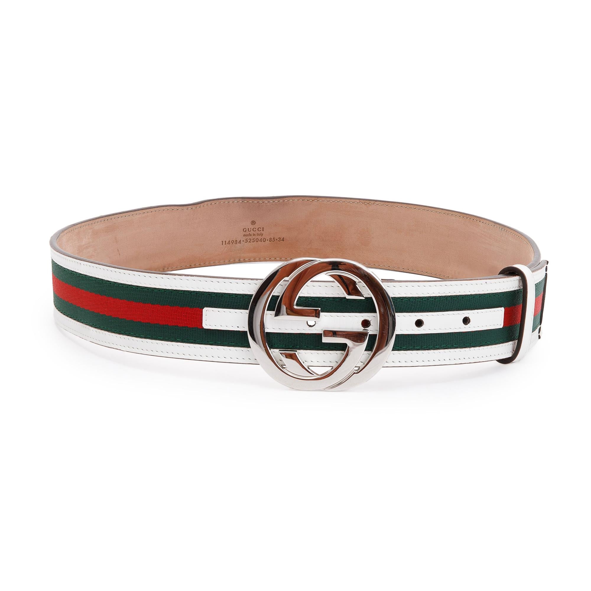 Gucci White Leather Trimmed Green & Red Web Belt with Interlocking G Buckle, Size 85 34