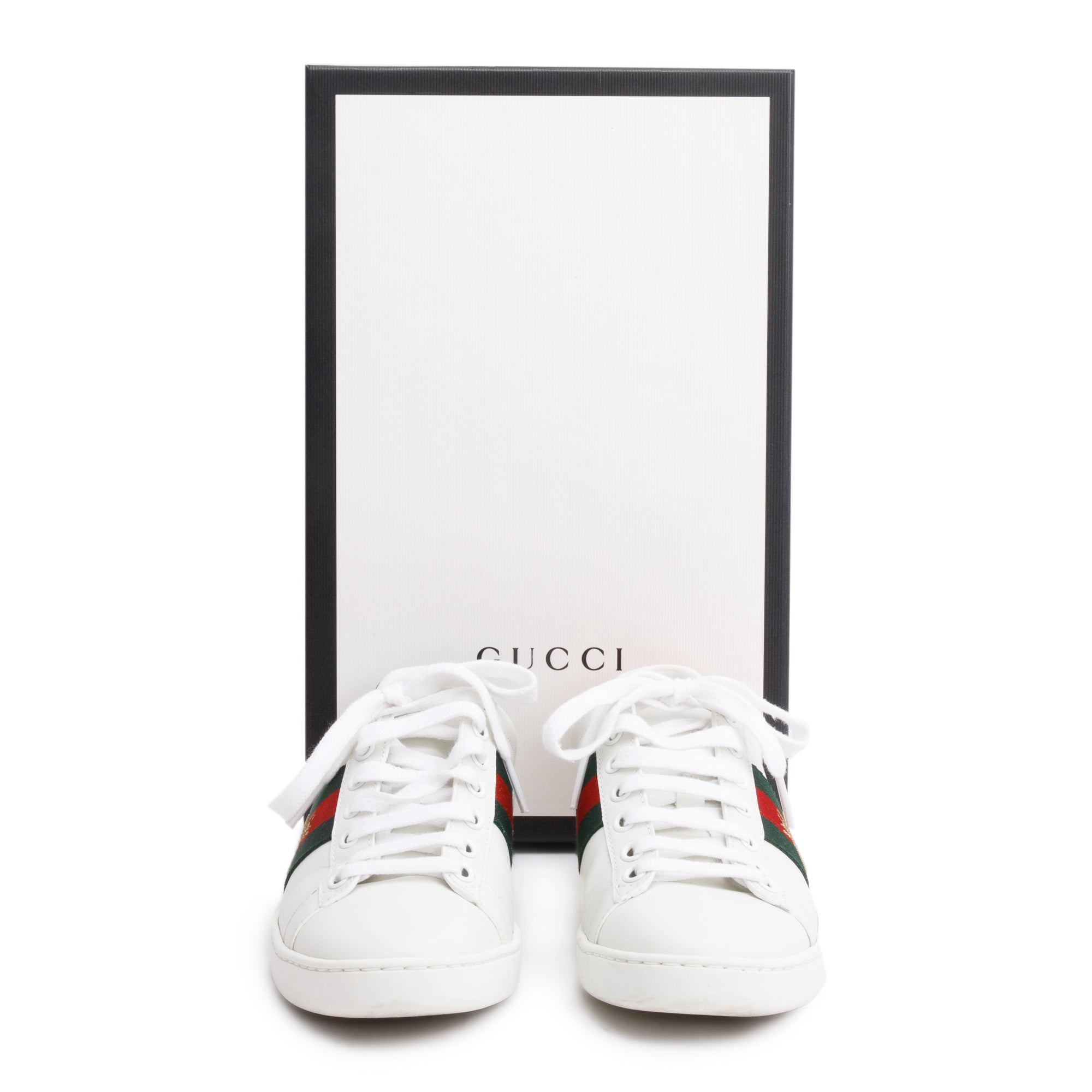 Gucci White Leather Web Ace Sneakers, Size 34 w/ Box